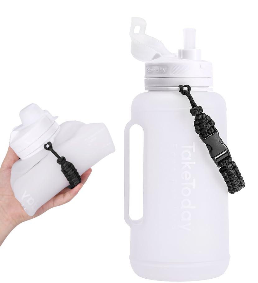 TakeToday TakeToday 68 oz Collapsible Water Bottles With Straw, Half Gallon Water Bottle With Motivational Time Marker, Large Reusable Silicone Water Jug With Paracord Handle For Sports, Outdoors (White)