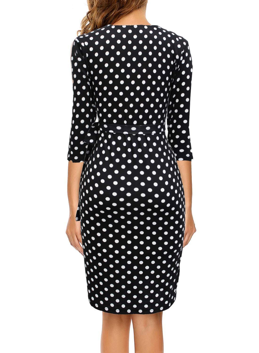 Berydress Berydress Women's Classic 3/4 Sleeve V Neck Sheath Casual Party Work Faux Black Wrap Dress (M, 6083-Black Dot)