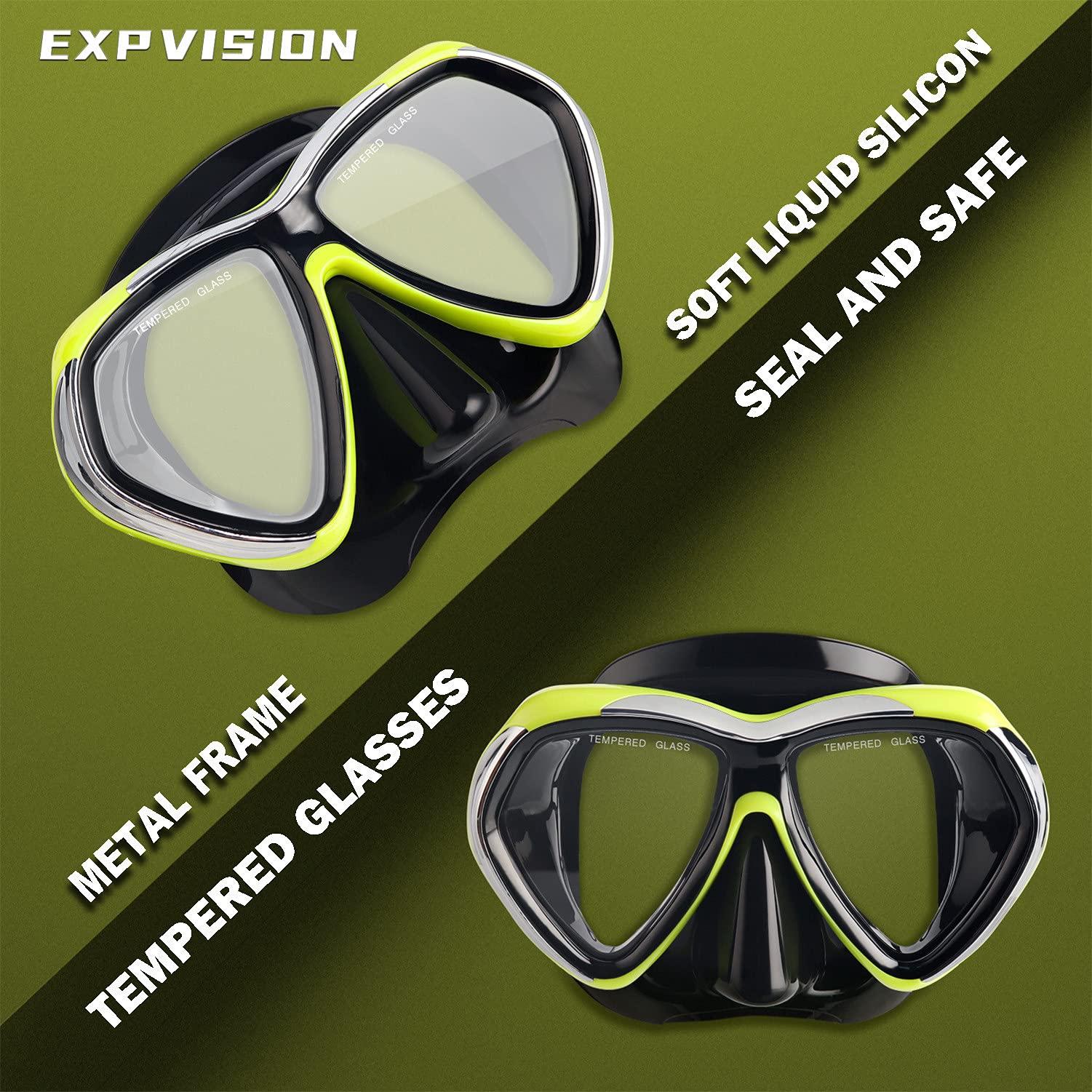 EXP VISION Adult Scuba Diving Mask, Anti-Fog Snorkel Goggles Tempered Glass Swim Mask Goggles with Nose Cover Professional Snorkeling Gear for Diving Snorkeling (Yellow)