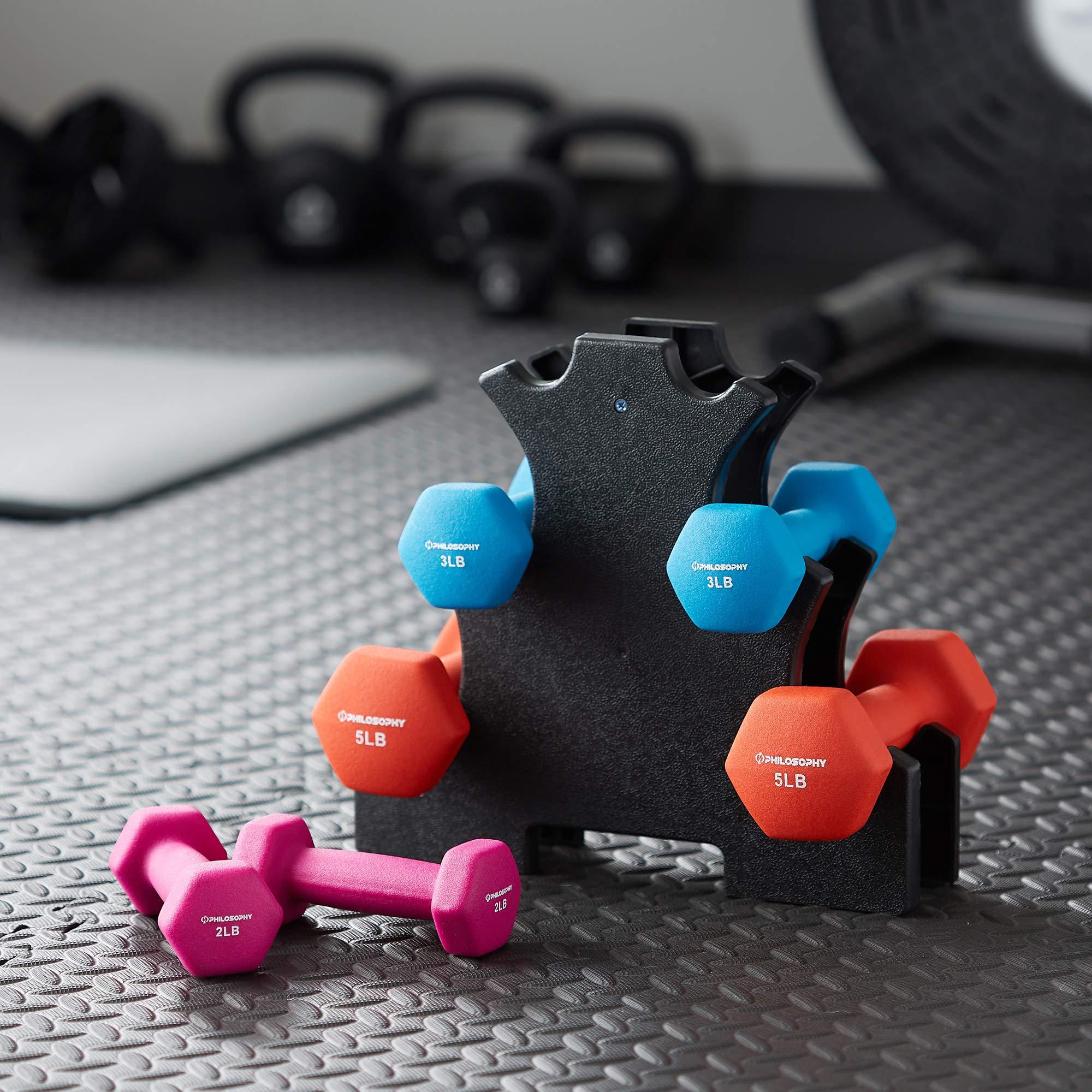 Philosophy Gym Philosophy Gym Neoprene Dumbbell Hand Weights with Stand, 20 lbs (2 lb, 3 lb, 5 lb Pairs)