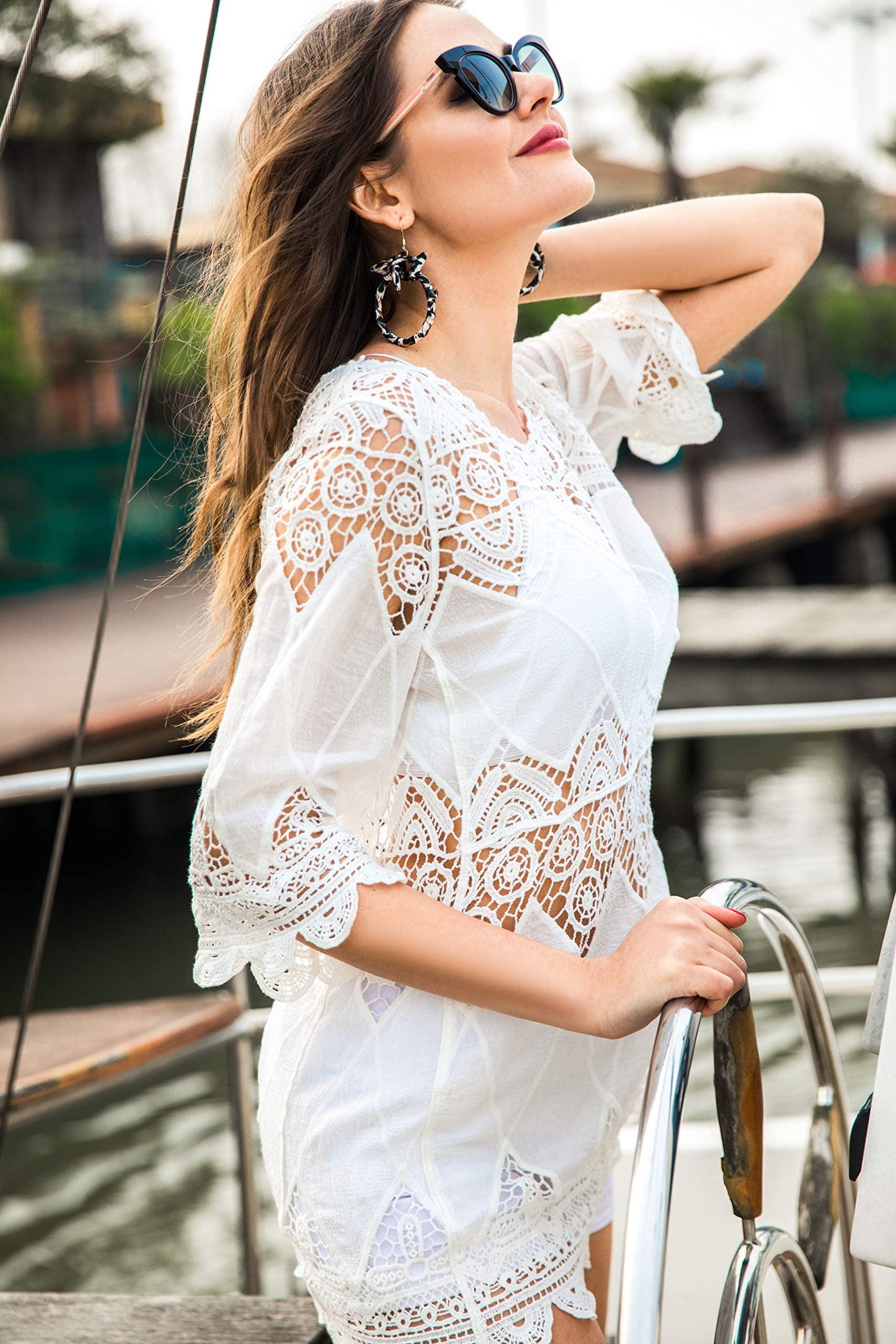 Jeasona Women's Bathing Suit Cover Up Lace Crochet Tunic Bikini Beach Dress (M, White)