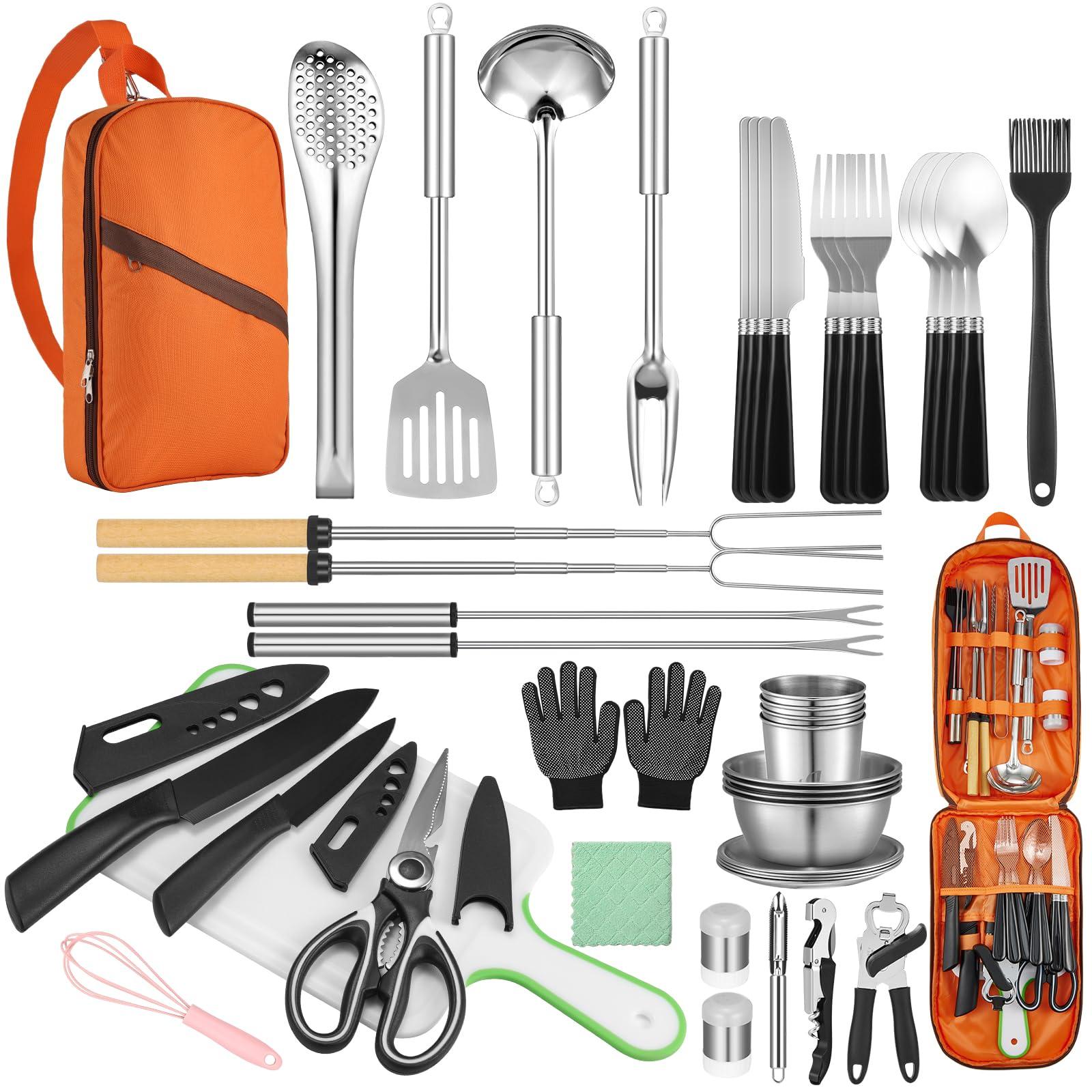 Hozzen Hozzen 45-Pcs Camping Cooking Utensil Set - Car Camping Essentials Gear for Cooking and Grilling, Portable Camp Kitchen Set, Ideal Gift for RV Tent Camper, Picnics, BBQs, Parties