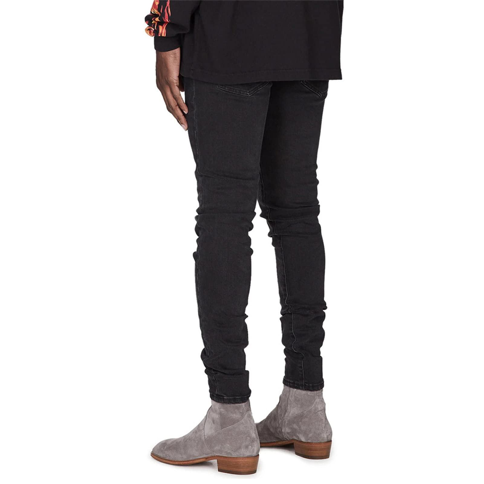 JEsilunmaMY JEsilunmaMY Mens Ripped Denim Pants Mid Waist Slim Fit Stretch Skinny Pencil Jeans Distressed Destroyed Casual Jean Trousers (Black,28)