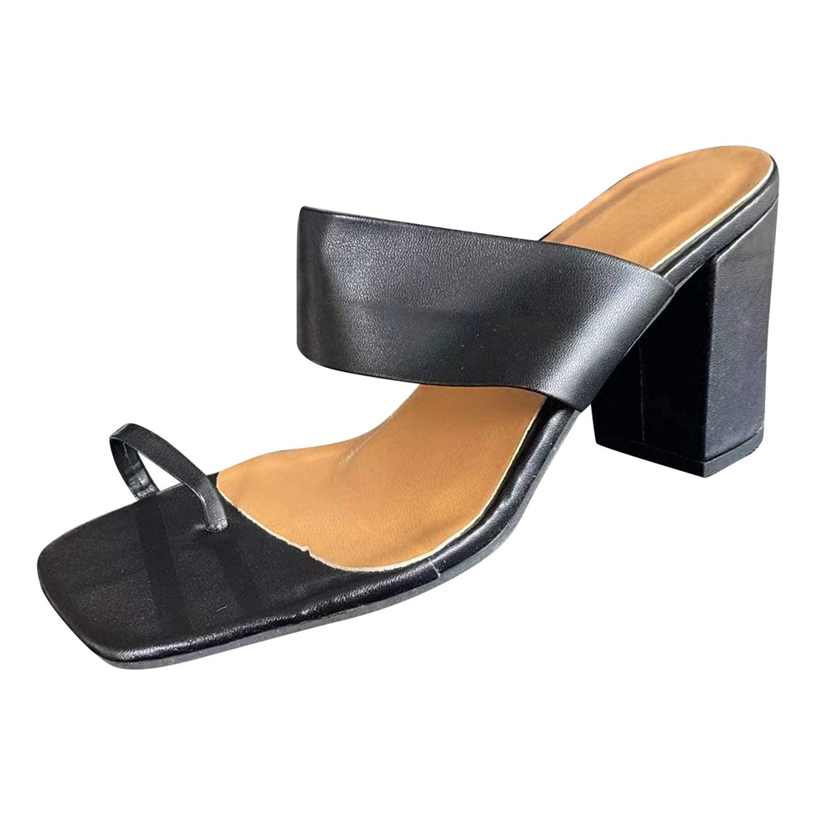 ZBYY ZBYY Women's Square Toe Two Strap High Heeled Sandal Ring Toe Slip On Summer Sandals Dress Heeled Slippers High Slides