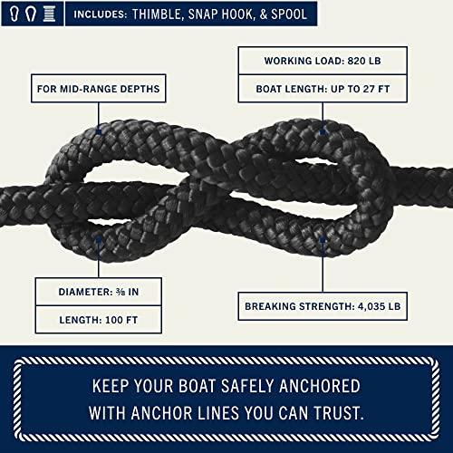 Rainier Supply Co Rainier Supply Co. Boat Anchor Line - 100 ft x 3/8 inch Anchor Rope - Double Braided Nylon Anchor Boat Rope with 316SS Thimble and Heavy Duty Marine Grade Snap Hook - Black