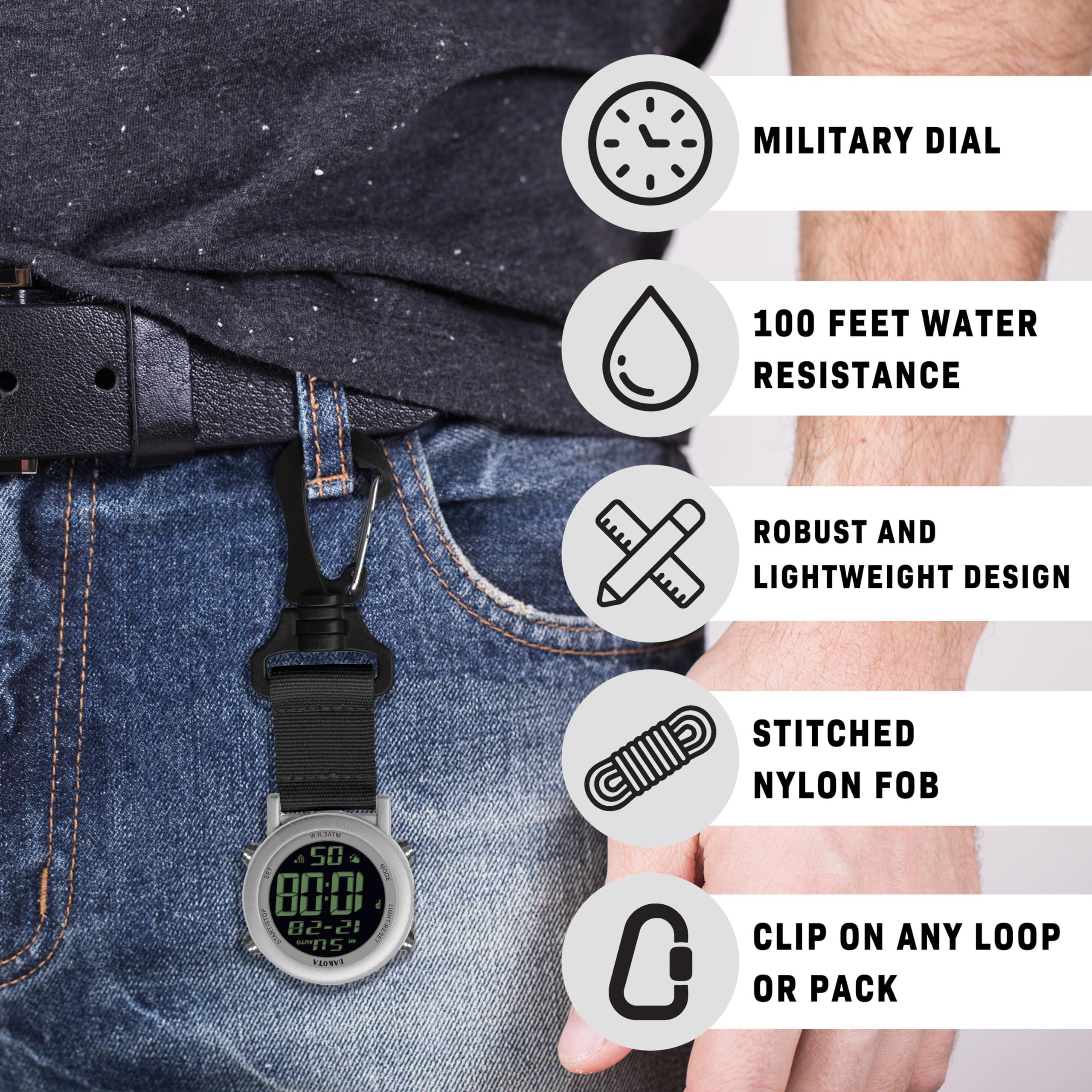 Dakota Dakota Digital Clip, Alarm, StopWatch, Timer and Dual Time Watch, Fob Watch, Outdoor Gifts for Men and Women, Tactical Digital Watch, Clip on Watch