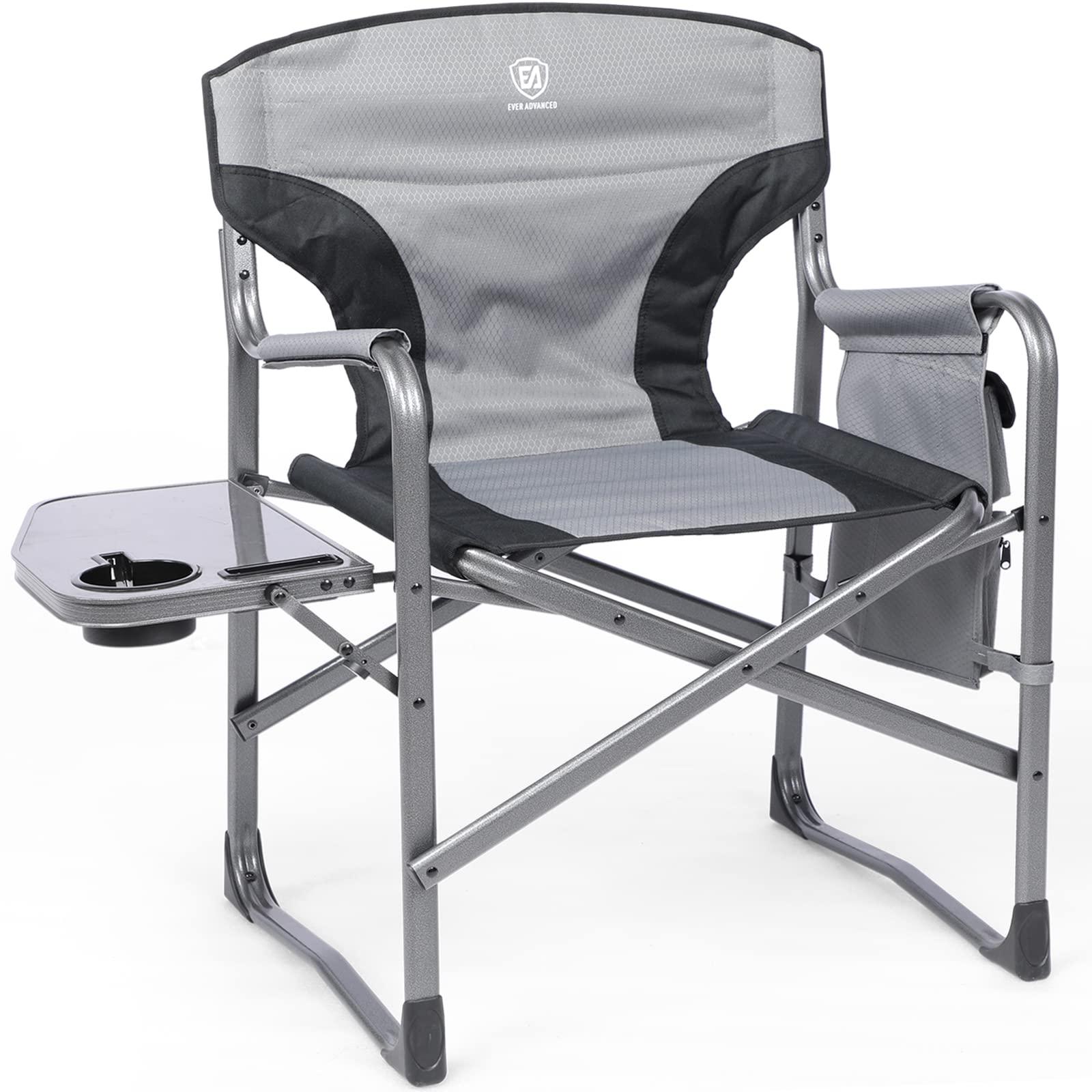 EVER ADVANCED EVER ADVANCED Lightweight Oversized Folding Camping Chairs Outdoor, Aluminum Directors Chair with Side Table and Storage Pouch, Heavy Duty Supports 350LBS (Grey/Black)