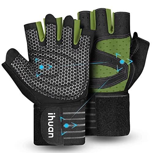 ihuan ihuan Ventilated Weight Lifting Gym Workout Gloves with Wrist Wrap Support for Men & Women, Full Palm Protection, for Weightlifting, Training, Fitness, Hanging, Pull ups (Dark green, M)