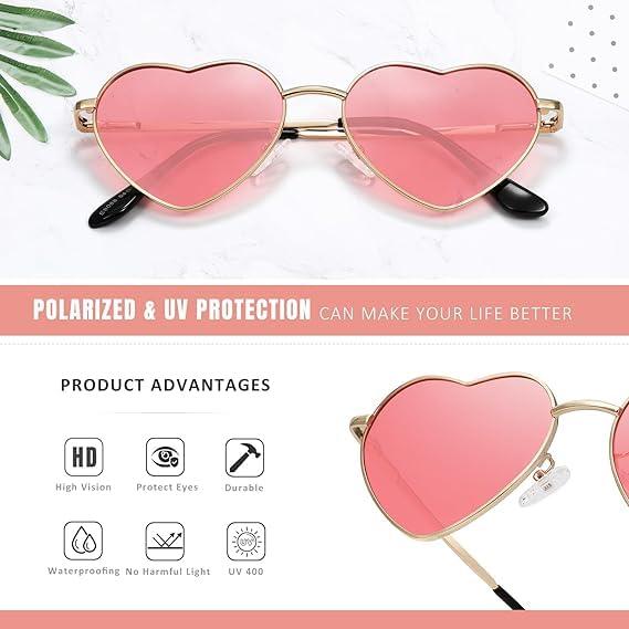 Laurinny Laurinny Pink Heart Sunglasses Polarized for Women Men Retro Heart Shaped Glasses Metal Frame Spring Hinge