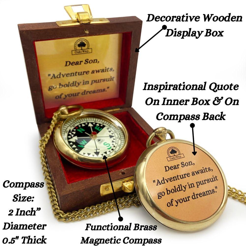 OakiWay The Dream Chaser Compass in Wooden Box - Son Graduation Gift, Birthday, Bday Gifts for Him, Inspirational, Motivational, 2025 College Graduates, Grandson - Greeting Card Included