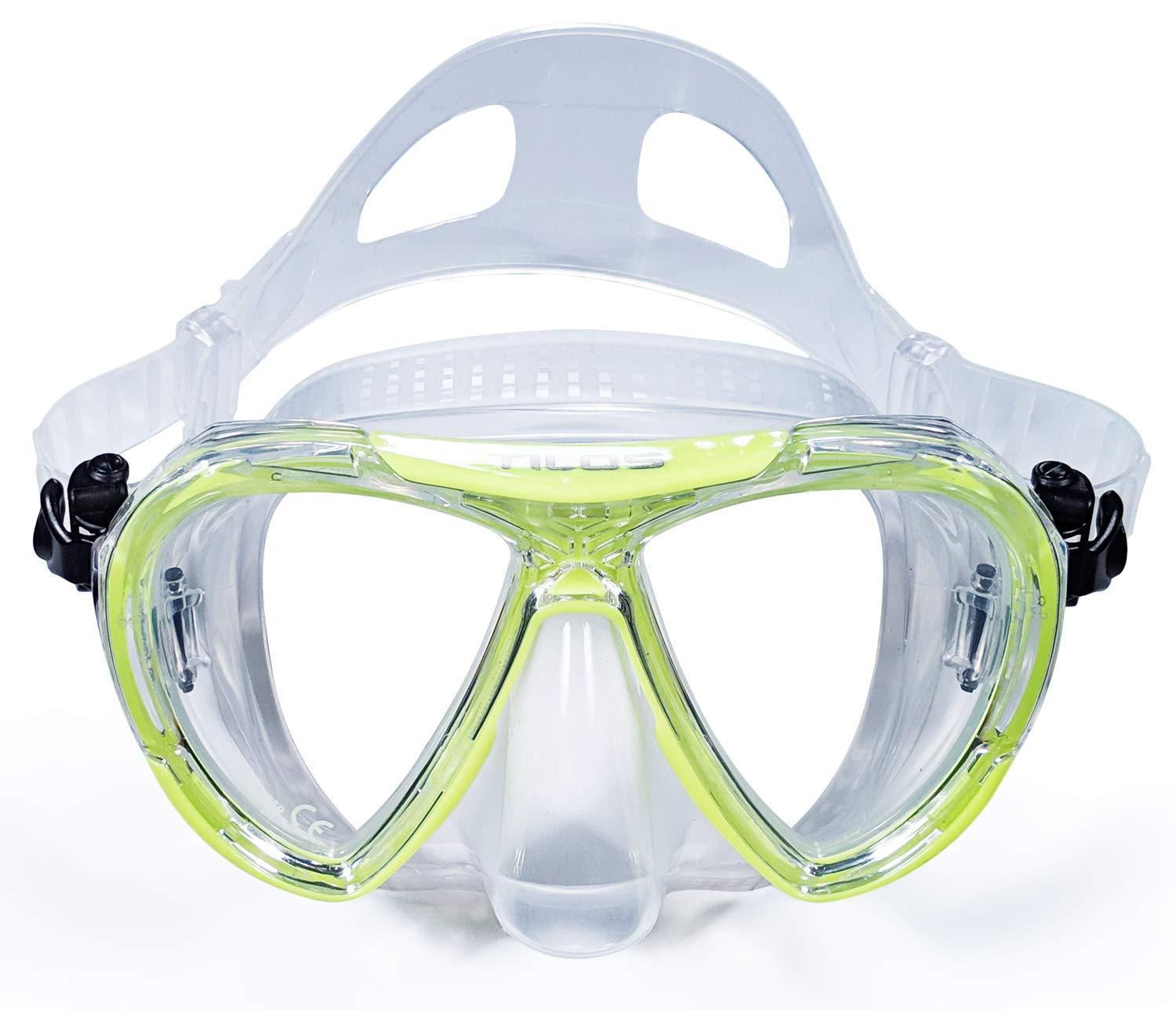 Tilos Tilos Revo, Wide View Snorkel Diving Mask: Scuba, Snorkeling, Free Dive, and Swim 180 Masks - Anti Fog Divers Goggles with Double Lens, Elastic Strap - Men/Women Adult Water Gear (Yellow)