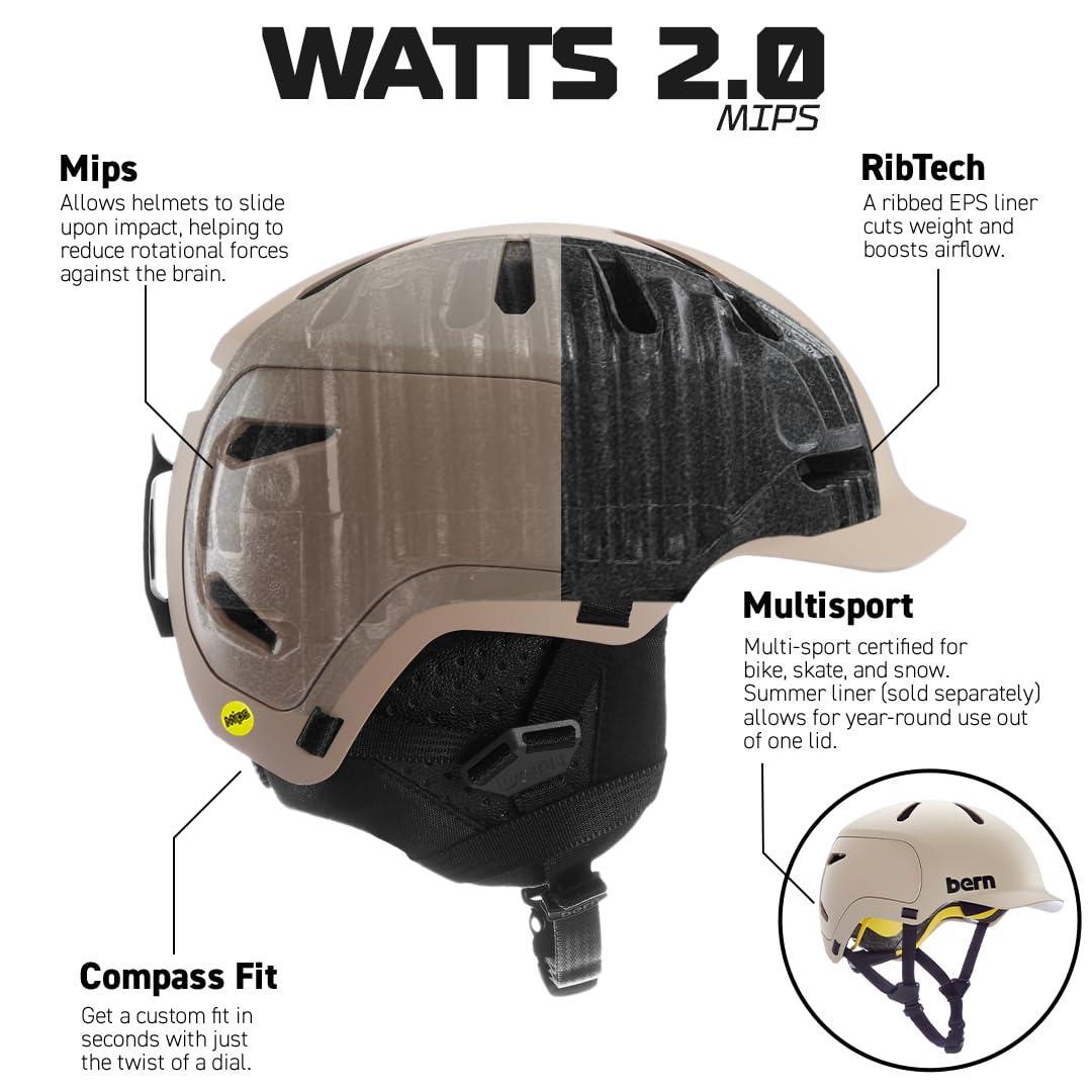 BERN Bern Watts 2.0 Adult Snowsports Ski and Snowboard Helmet for Men and Women, Brim Style, Multisport Certified, MIPS Rotational Impact Protection, Adjustable Fit, Knit Liner, Anti-Fog Ventilation