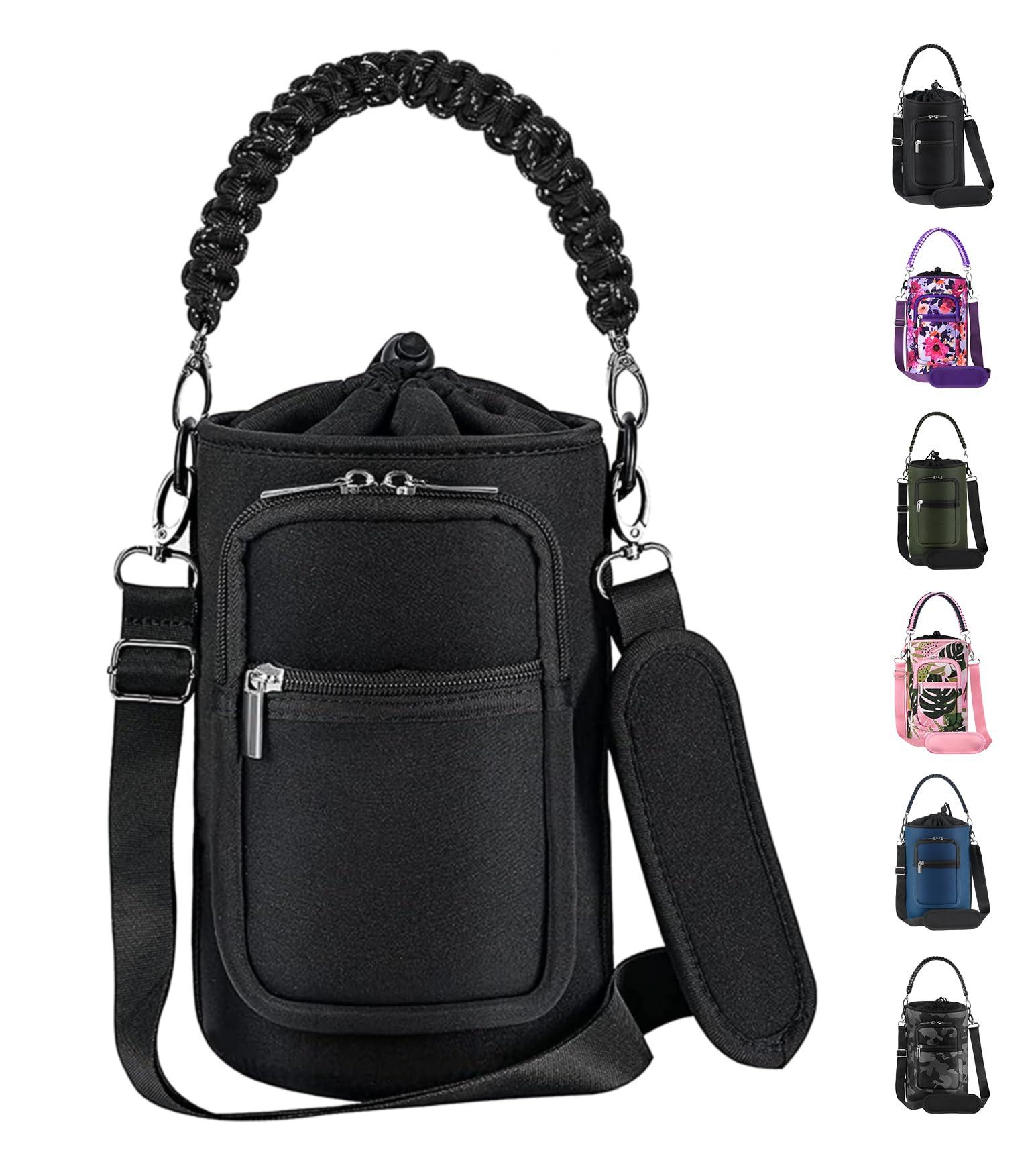 AceTreker AceTreker 64 oz /87 oz/128 oz Neoprene Water Bottle Sleeve for Insulated Metal Water Jug Bottles, Carrier Sling Bag with Adjustable Shoulder Strap & Paracord Handle and 2 Pocket for Walking-Black