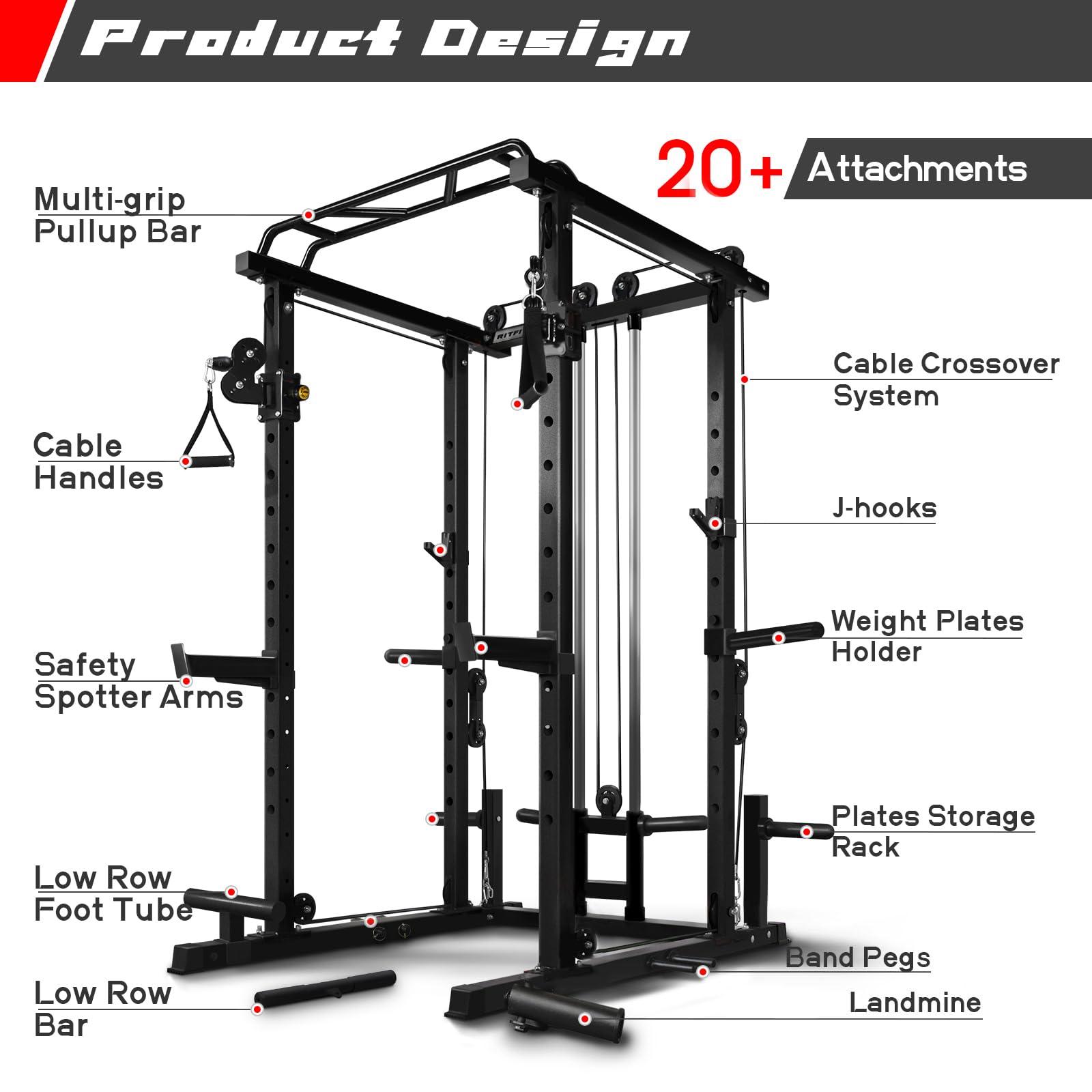RitFit RitFit Multi-Function Power Rack Cage PPC03 with Adjustable Cable Crossover System,1000LBS Capacity, Full Home Gym Workout with J-Hook, Landmine and Other Attachments-Black