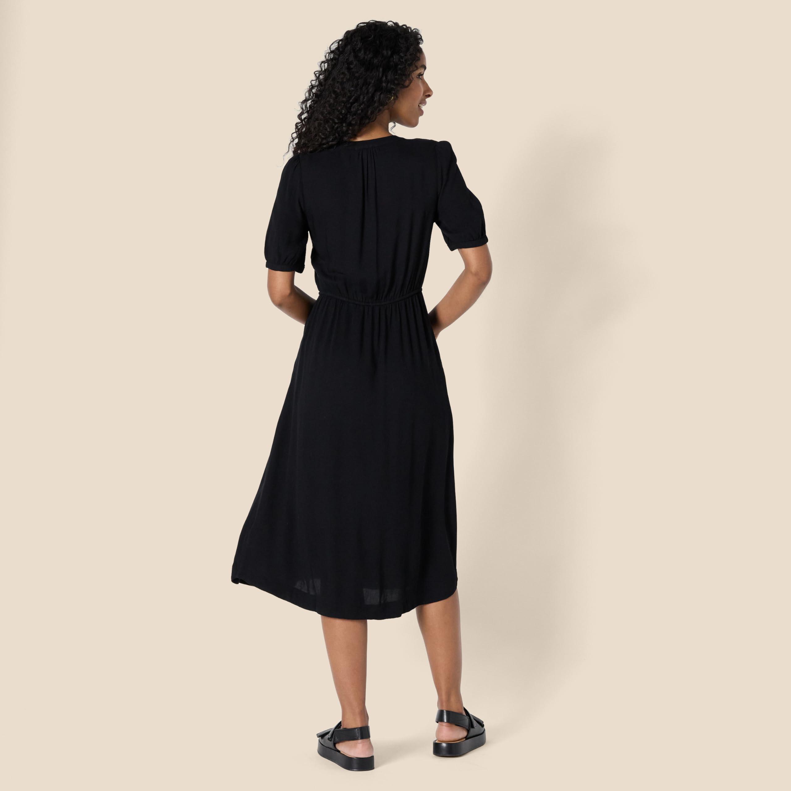 Amazon Essentials Amazon Essentials Women's Fit and Flare Half-Sleeve Waisted Midi A-Line Dress with Pockets, Black, Medium