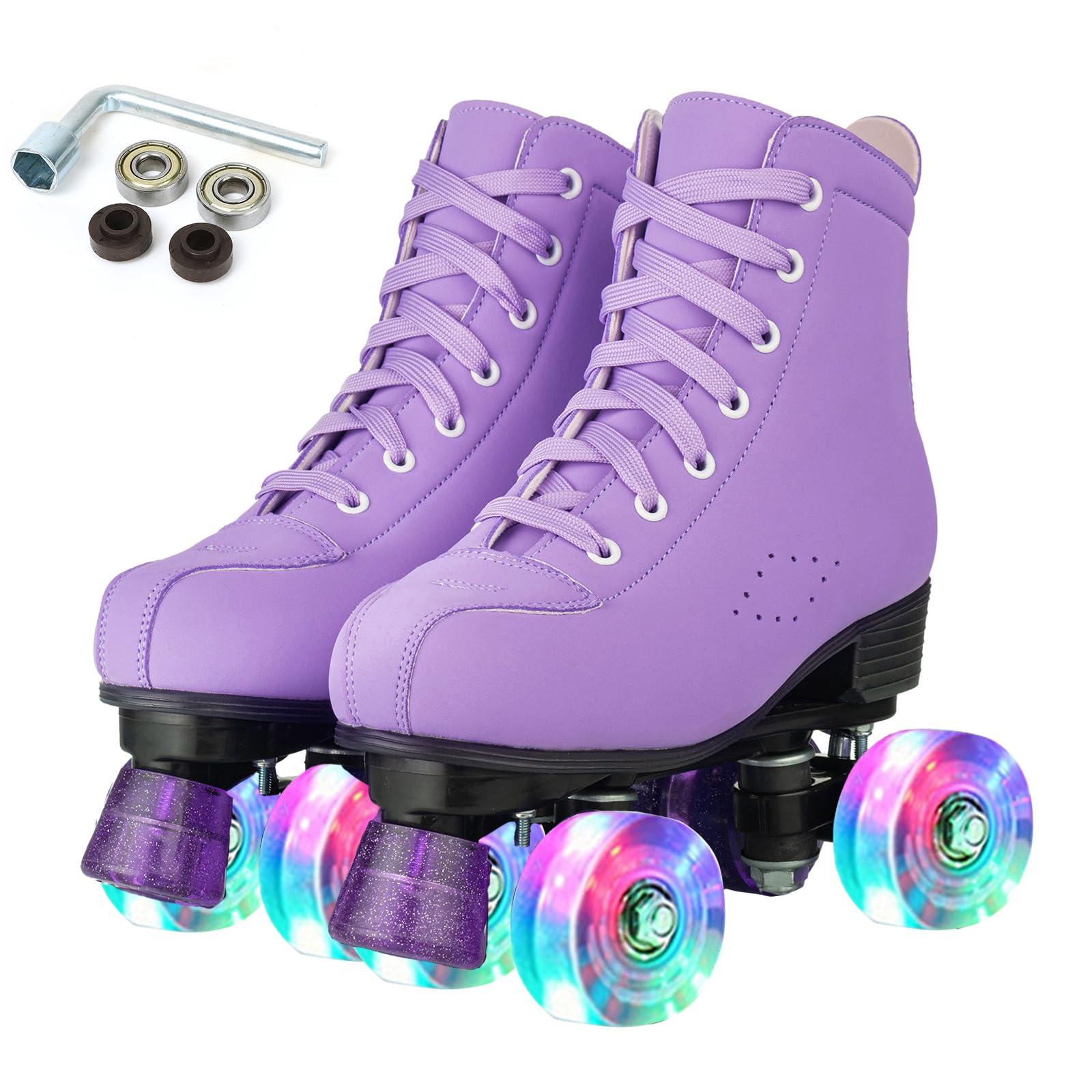 Gets Gets Roller Skates Women Outdoor High-top Adult Roller Derby Skates Wheels Light Up Roller Skates Double Row Quad Skates for Men Girls Unisex (Purple Flashing Wheel,38)
