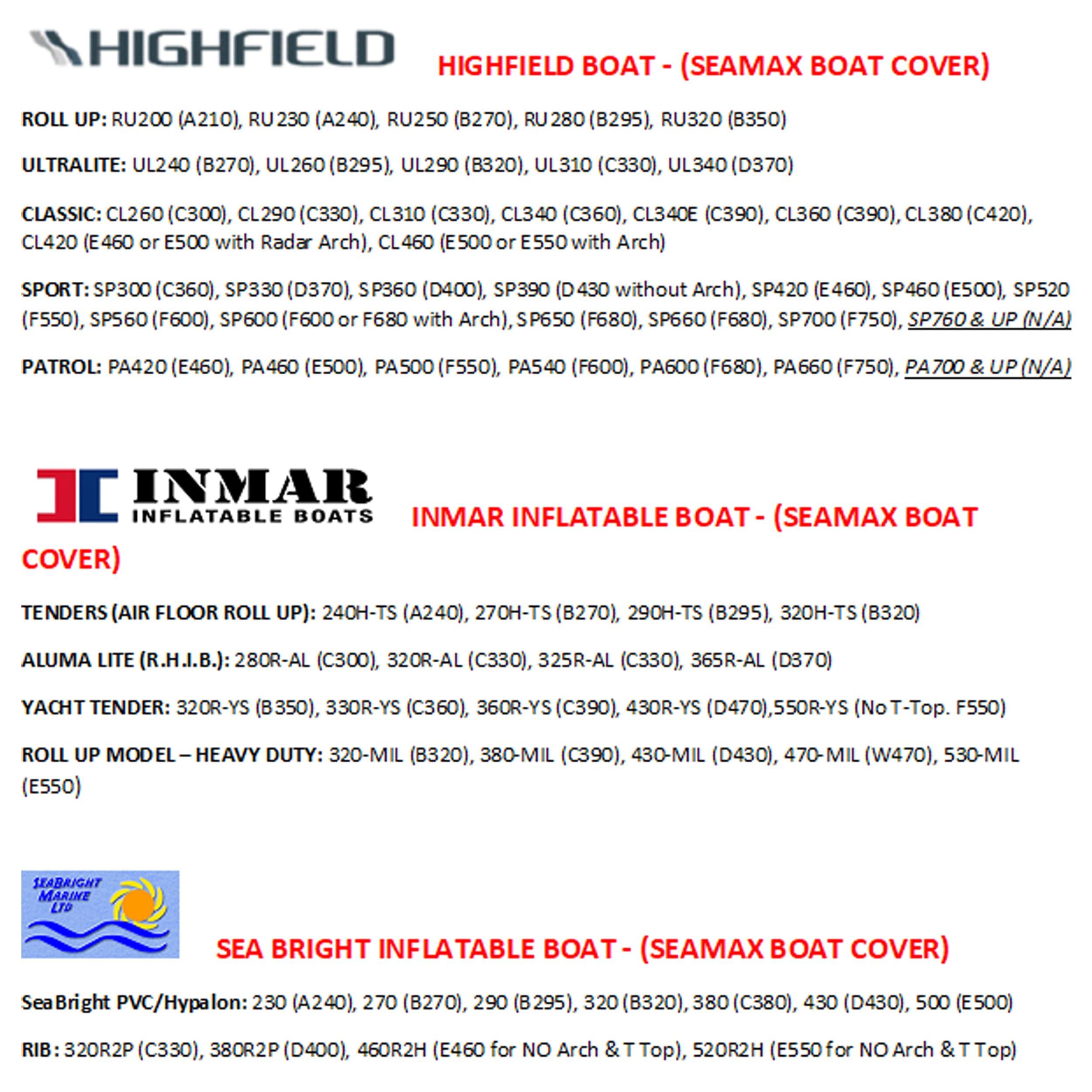 Seamax SEAMAX Inflatable Boat Cover, B Series for Beam Range 4.7\' to 5.2\' (FEET), 5 Sizes fits Length 8.3\' to 11.5\' (FEET) (B295 - Max Length: 9.7ft)