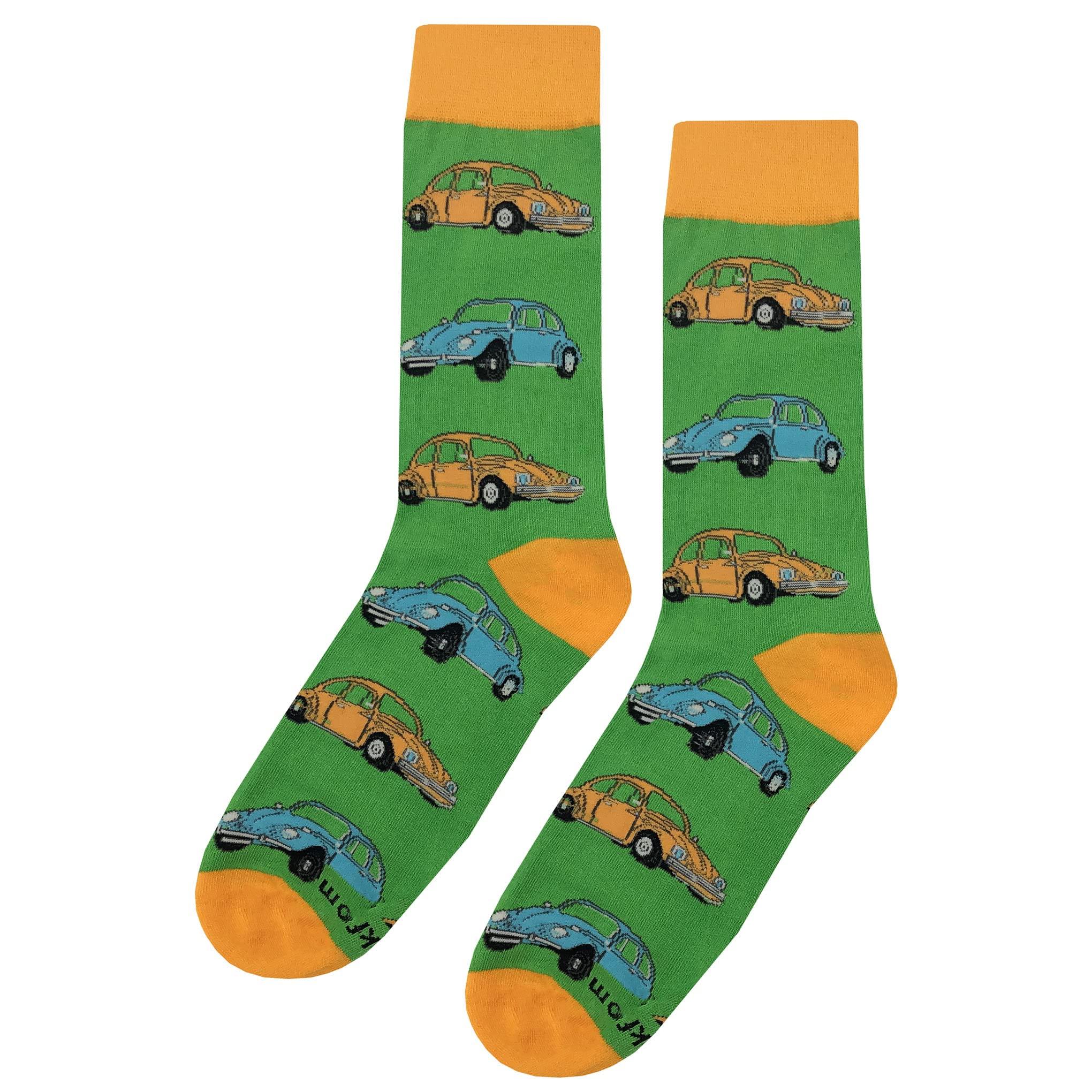 SockFly SockFly VW Beetle Green Dress Socks Funny Novelty Crazy Fun Design Men Size 8-12 Cotton Casual Crew Colorful Funky Fancy Socks Gift for Men