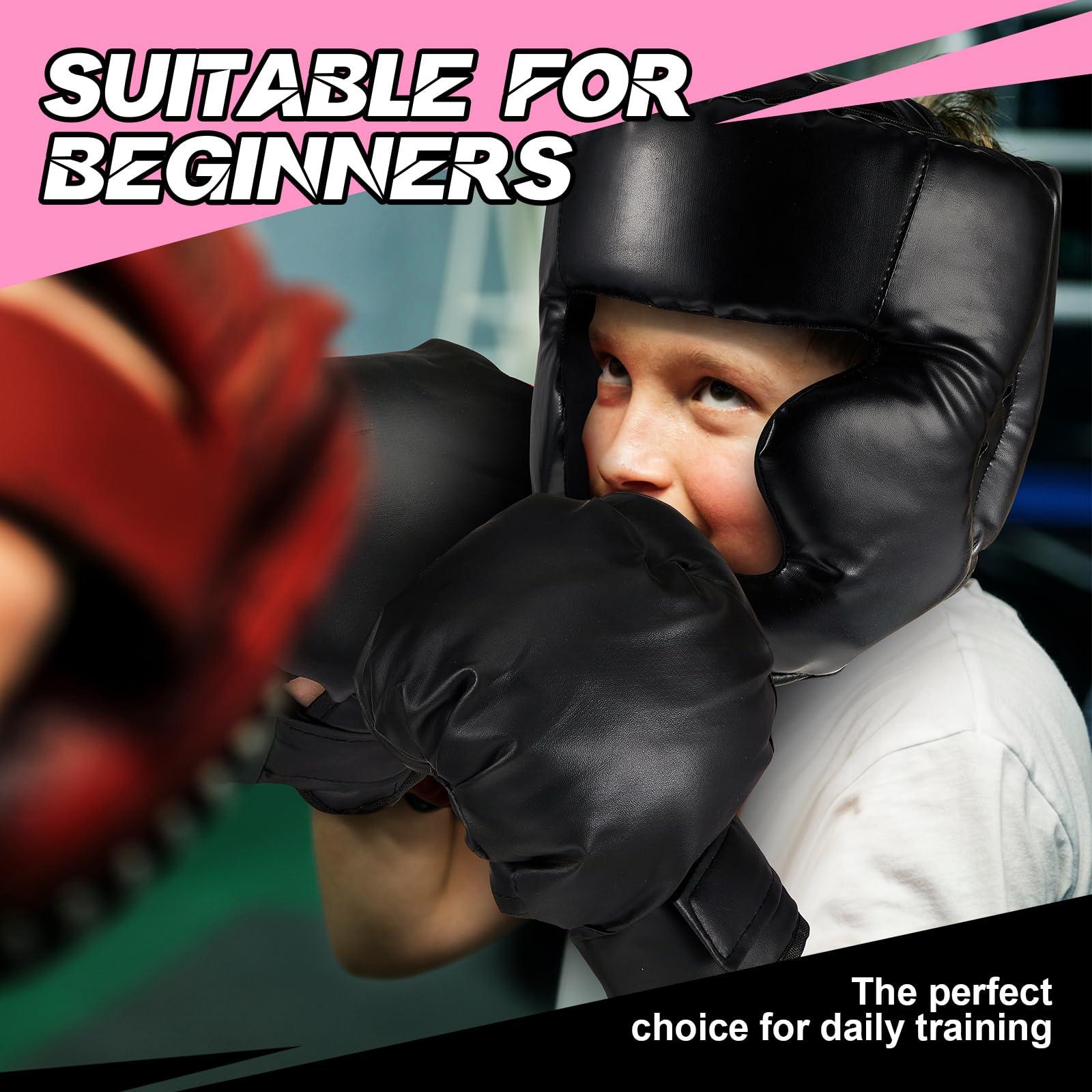 Kanayu Kanayu 12 Pcs Kids Boxing Equipment Set for Beginners Ages 6-18 Years Including Boxing Helmet and Gloves Hand Wraps Sport Mouthguards Taekwondo Sparring Gear for Kids and Children(Black, Pink)
