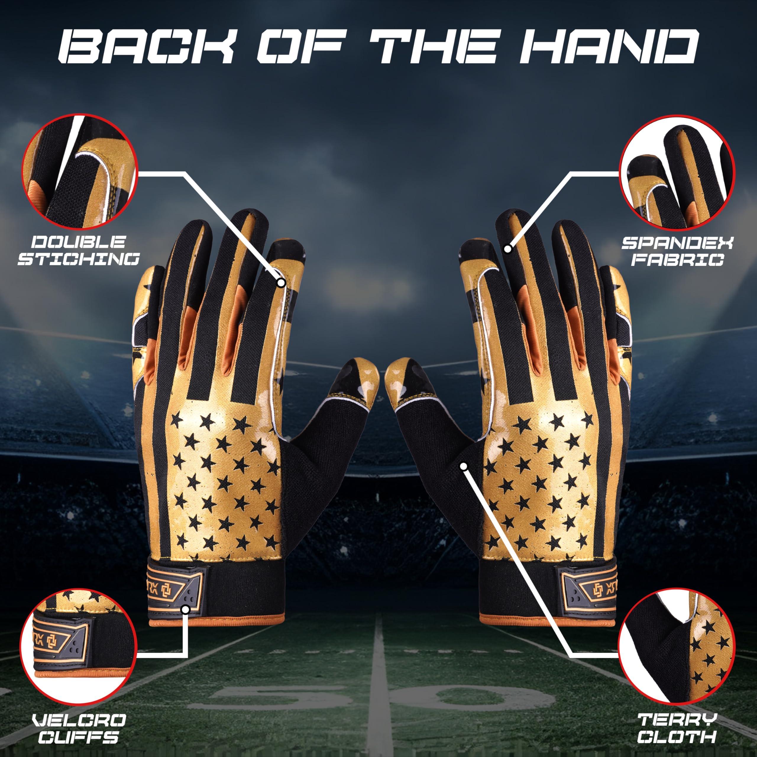 LYRX LYRX Professional Football Receiver Gloves with Optimal Silicone Palm Non-Slip Grip Control Ultra-Stick Sports Lightweight Glove and Precision Fit (Black-Gold Flag, Adult XL (7.8"))