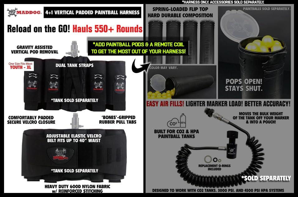 Maddog Maddog 4+1 Vertical Paintball Harness Pod Pack | Paintball Pod Holder Belt with Pouch for up to 88ci. Paintball Tank Bottle | Remote Coil Compatible