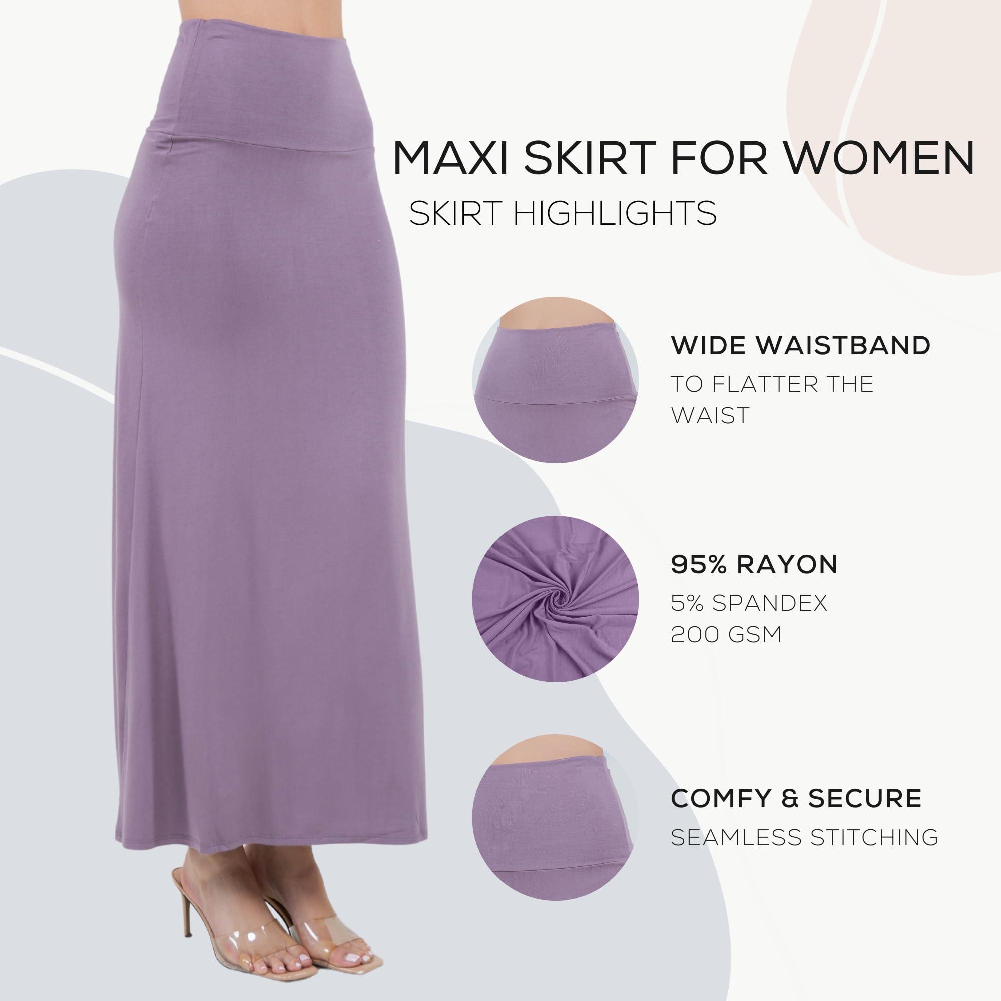 Azules Azules Maxi Skirt for Women- Elegant Long Women's Skirts- Solid Color, Soft, Stretchy, Flowy Boho Rayon- Womens High Waist Fold Over for Any Occasion - Silver Sand, 2X