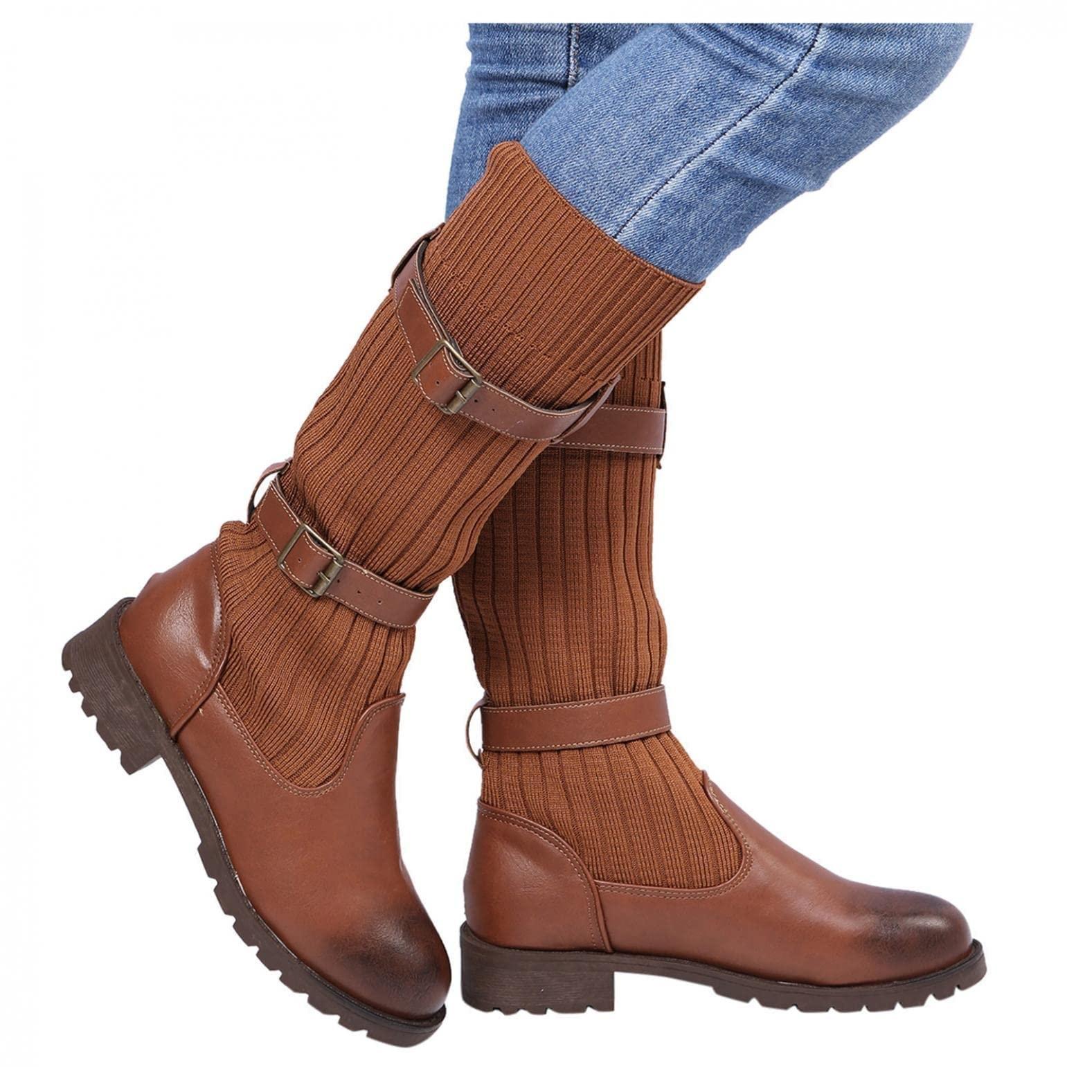 ZBYY ZBYY Women's Knee Boots Chunky Low Heels Thigh High Boots Long Stretch Fall Knitted Winter Dress Boots Fashion Mid Calf Booties