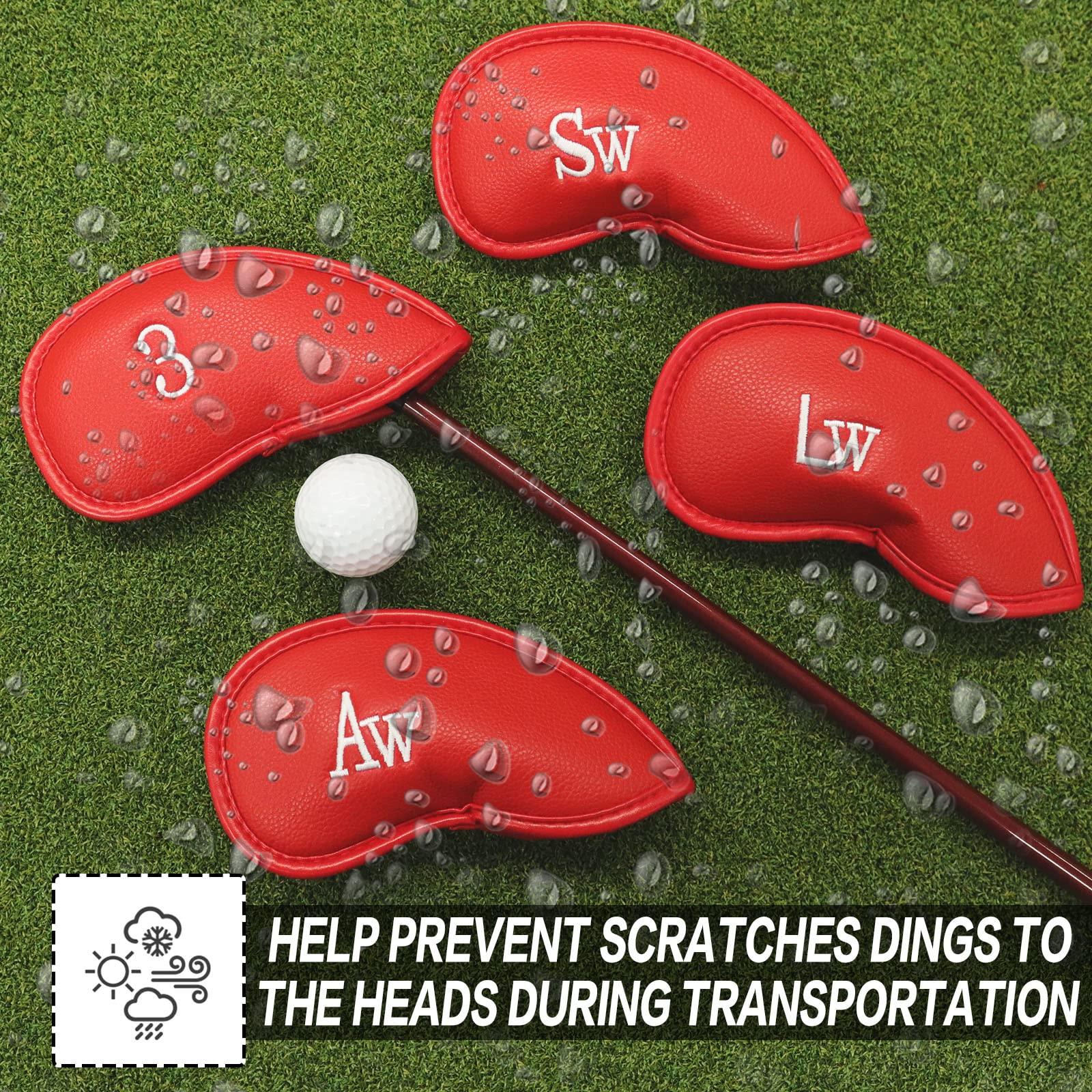 FINGER TEN FINGER TEN Golf Iron Head Covers Value 8/11/12 Piece Set, Synthetic Leather Deluxe Club Headcover, Universal Fit Main Iron Clubs Gift Set (1 Side-Red)