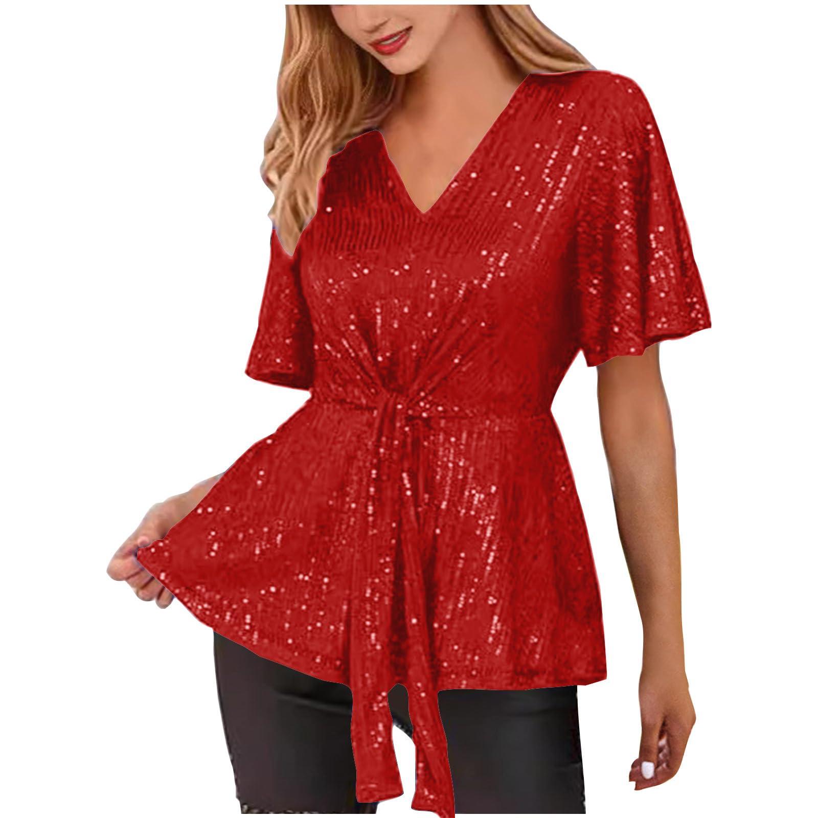 NineFit Basics Sequin Tops for Women Party Trendy Sexy Sparkle V Neck Short Sleeve Tops Casual Dressy Tunic Plus Size Blouse Shirt