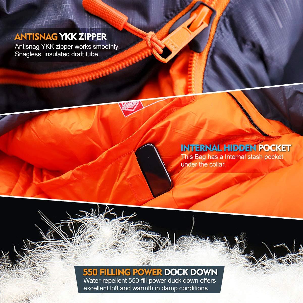 ZOOOBELIVES ZOOOBELIVES 10 Degree F Hydrophobic Down Sleeping Bag for Adults - Lightweight and Compact 4-Season Mummy Bag for Backpacking, Camping, Mountaineering and Other Outdoor Activities Alplive D1500