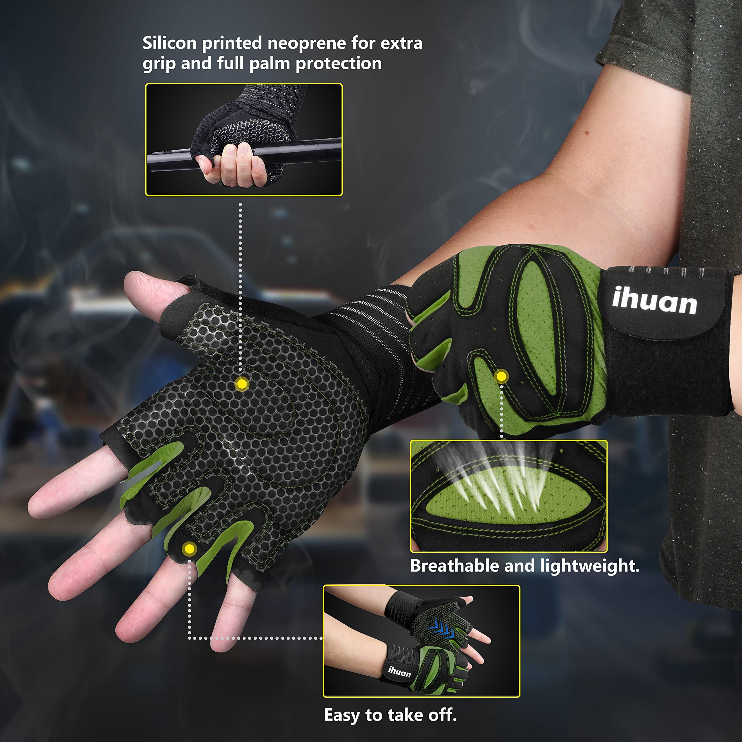 ihuan ihuan Ventilated Weight Lifting Gym Workout Gloves with Wrist Wrap Support for Men & Women, Full Palm Protection, for Weightlifting, Training, Fitness, Hanging, Pull ups (Dark green, M)