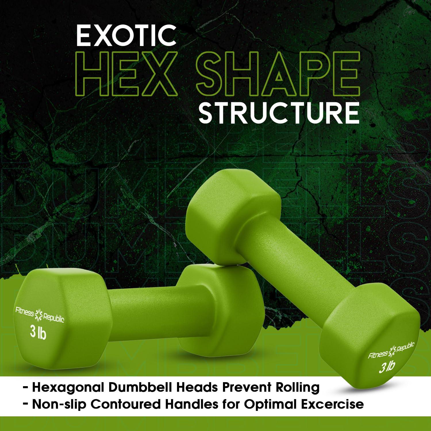 Fitness Republic Fitness Republic 3LB Neoprene Workout Dumbbells Set of 2 - Non Slip, Anti Roll Exercise & Fitness Dumbbells - Hex Shaped Hand weights for Men & Women - Ideal for Home and Gyms training