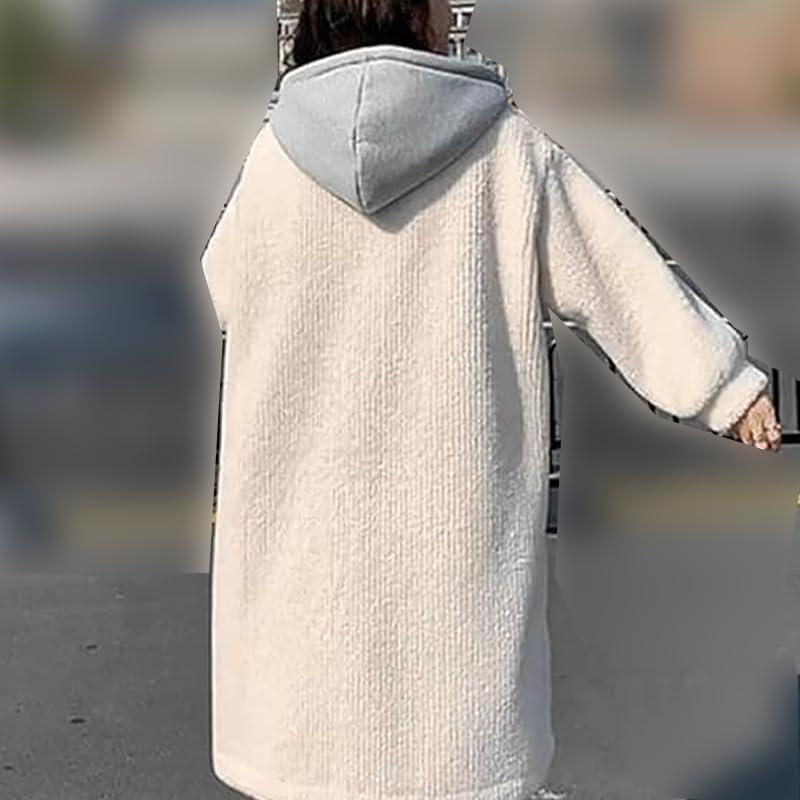 XYLAWAVE XYLAWAVE 2-Layered Faux Lambswool Hooded Coat Jacket,Women\'s Long Hooded Fleece Button Outwear,Thickened Long Windbreaker (white,XL)