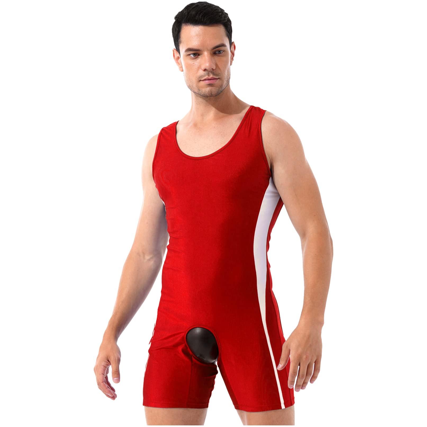 Linjinx Linjinx Men\'s Spandex Slim Fit Open Crotchless Wrestling Singlets Leotard Underwear Jumpsuits Red Large