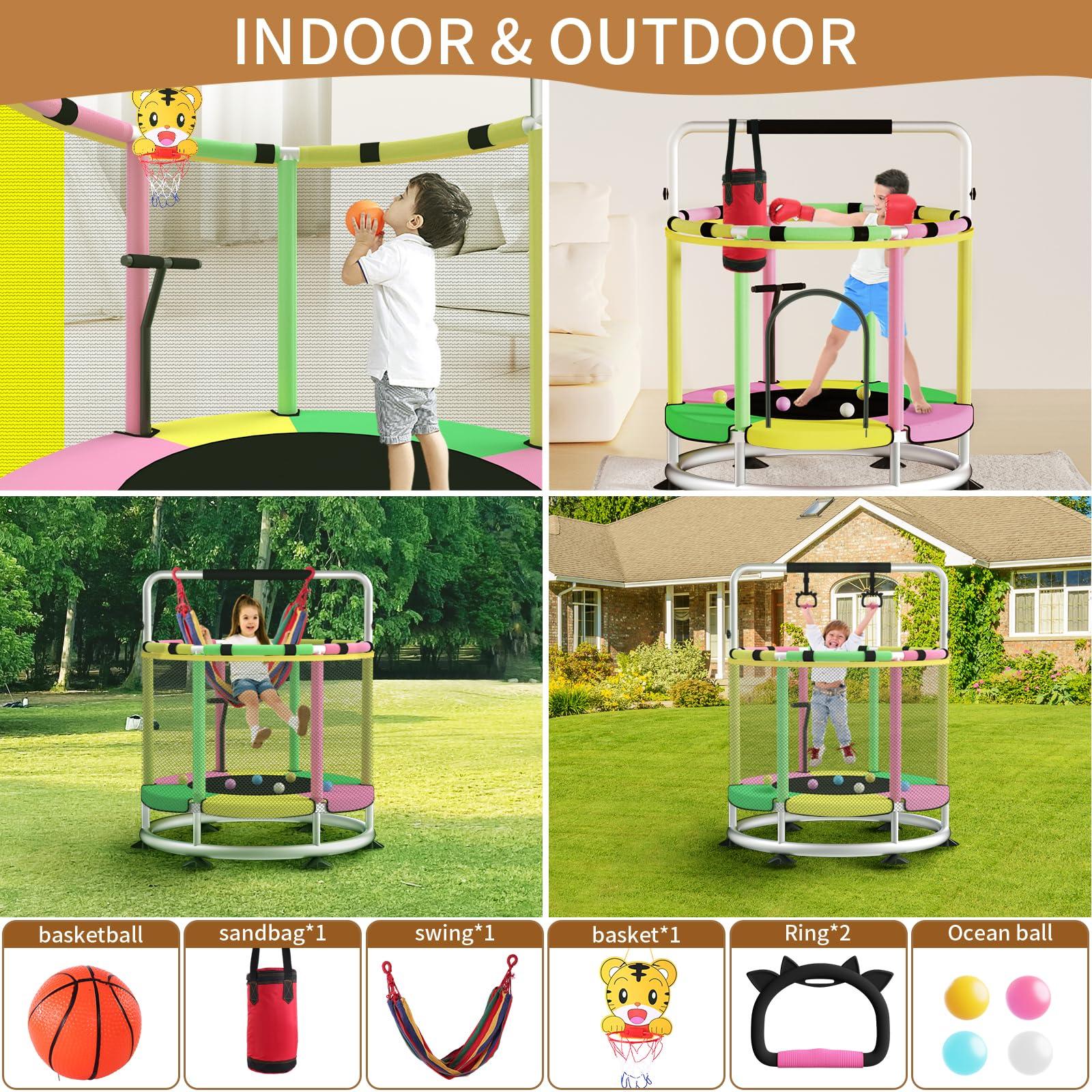 BLINWORLD Trampoline for Kids, Update T-handrail Adjustable Baby Toddler Trampoline with Basketball Hoop, 440lbs Anti-Rollover Round Bottom Indoor Outdoor Toddler Trampoline with Enclosure (Light Green Pink)