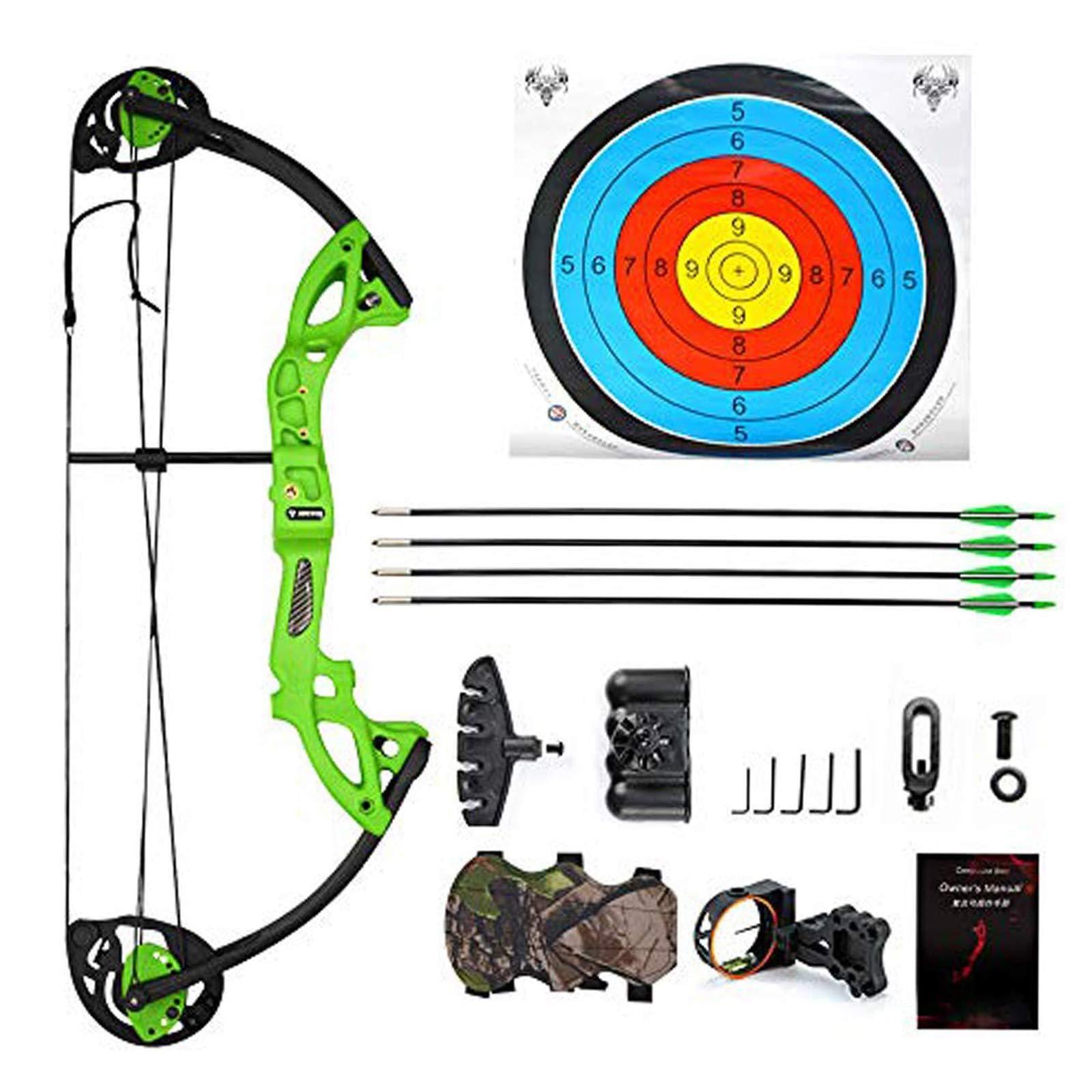 ZSHJGJR ZSHJGJR Archery Compound Bow and Arrow Kit Hunting Bow 15-29lbs Complete Bow Accesories Package Set Junior Entry Level 260fps Right Handed for Outdoor Shooting (Green)