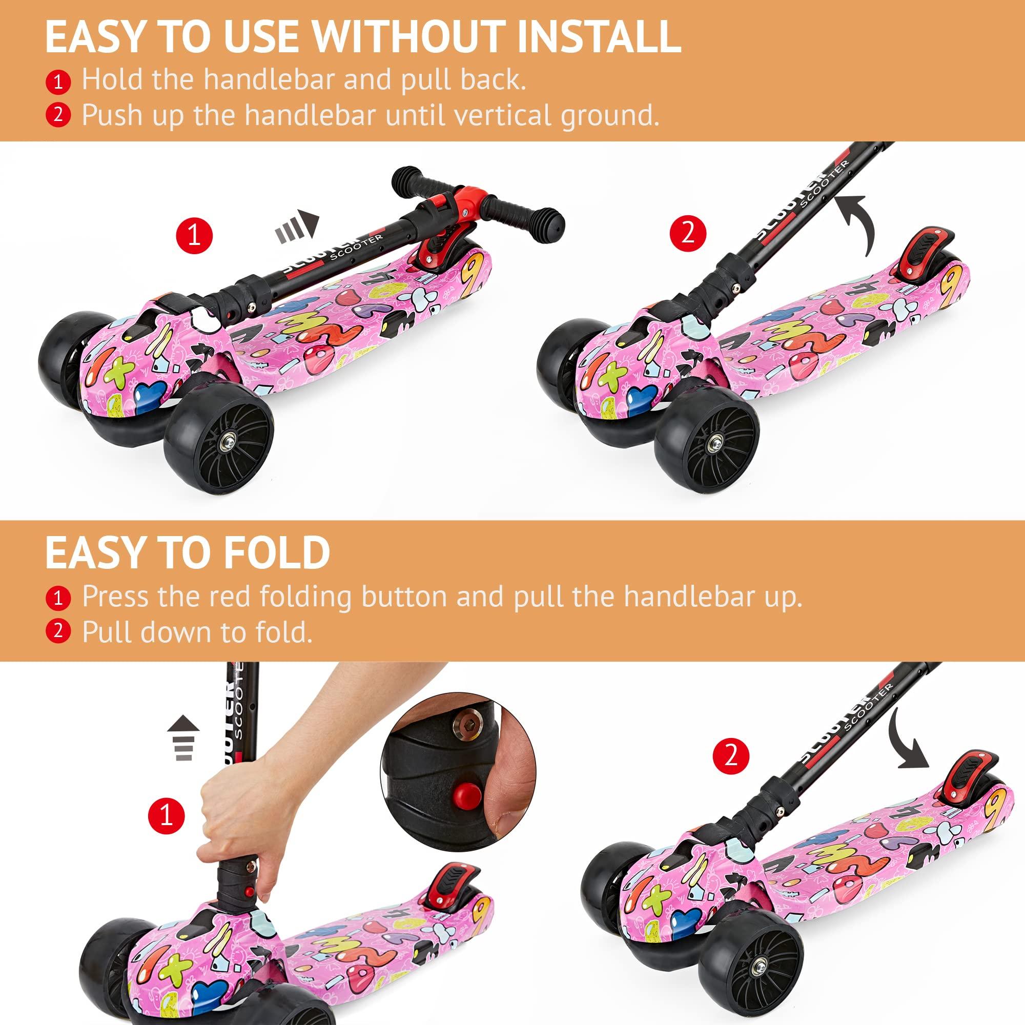 HOOJIN Scooter for Kids Ages 3-12, Foldable & Height Adjustable Kids Scooter with Graffiti Bodywork, Non-Slip Deck and Extra Wide PU Light-up Wheels (200 Lbs Weight Capacity)