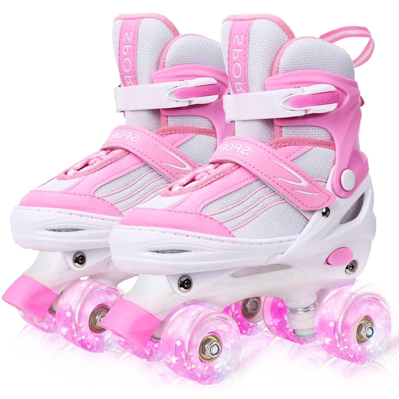 LEJIJIT LEJIJIT Girls Roller Skates for Kids Child Beginners, Adjustable 4 Sizes Quad Roller Skates Pink & White for Kids and Youth with Light Up Wheels for Sports (Large 4-7 US)