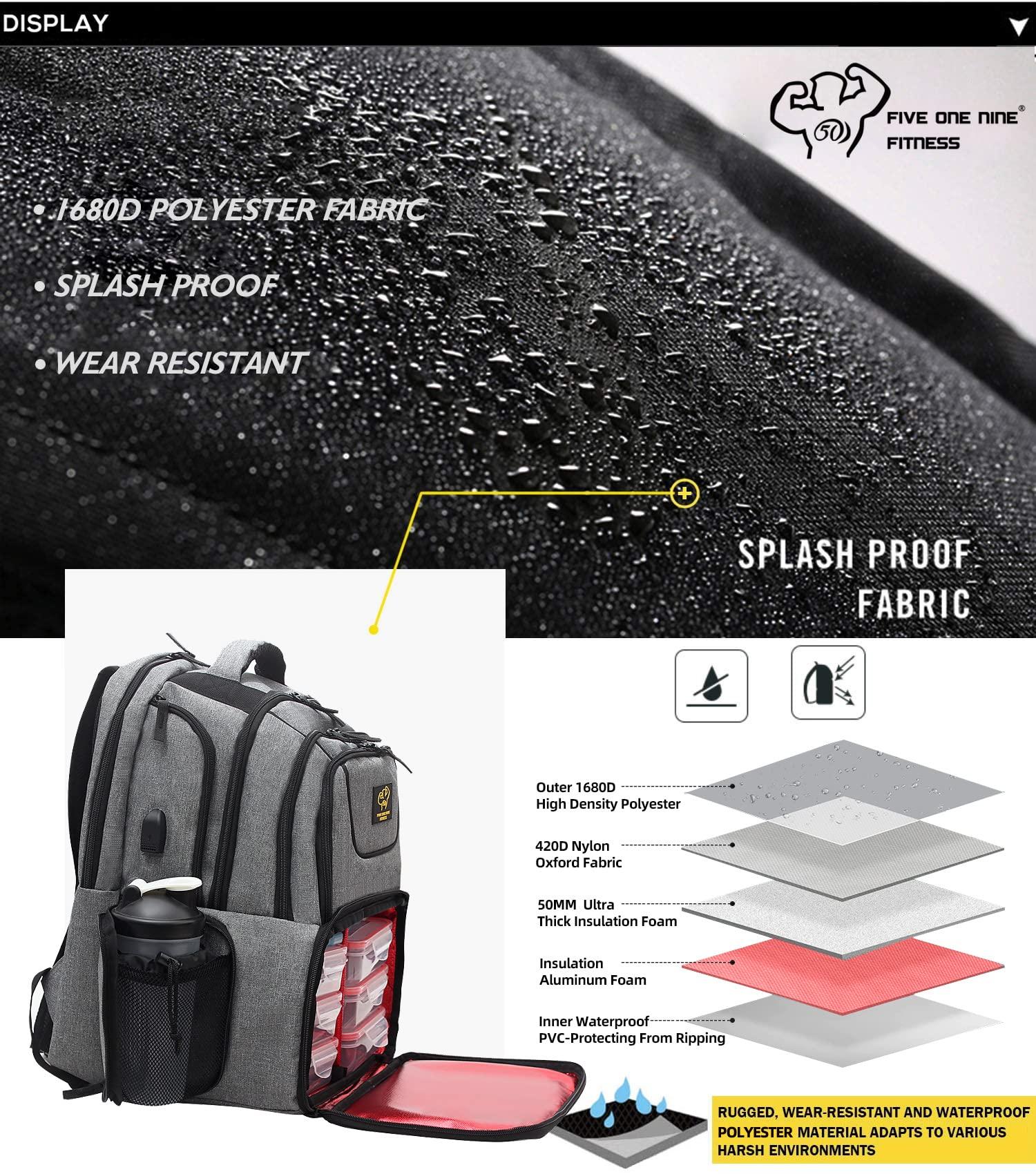 50 FIVE ONE NINE 519 Fitness Meal Prep Backpack,Hiking Outdoor Insulated Unisex Lunch Cooler with Computer Compartment,Include 6 Meal Containers,2 Ice Packs and Shaker