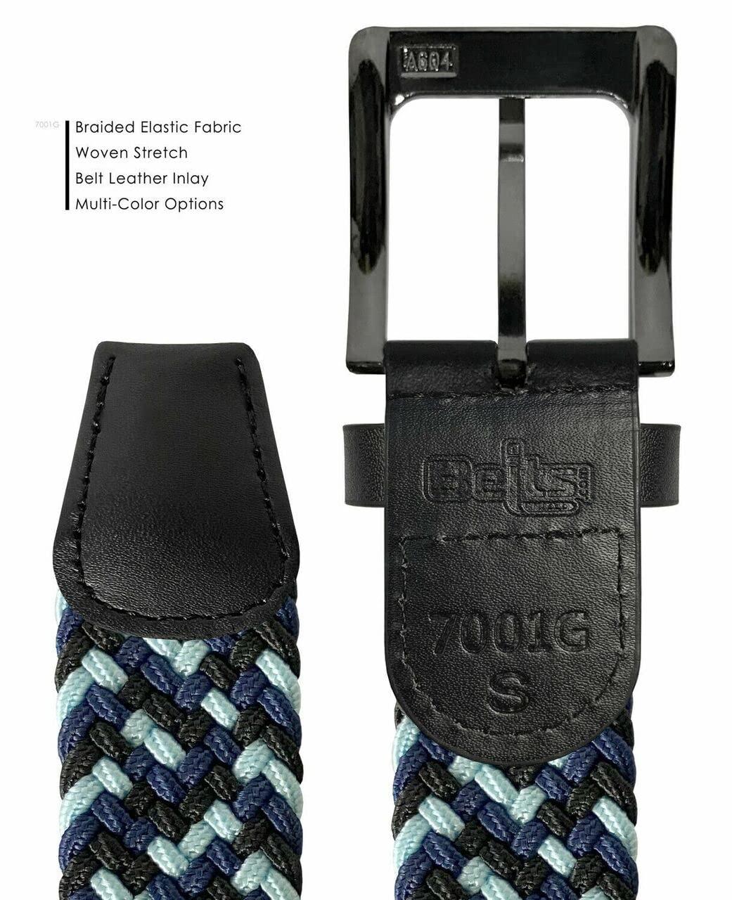 Belts.com 2 Count Men's Stretch Belt Braided Elastic Stretch Belt Casual Weave Canvas Fabric Woven Belt 1-3/8" Wide (Black/Blue/Navy, S)