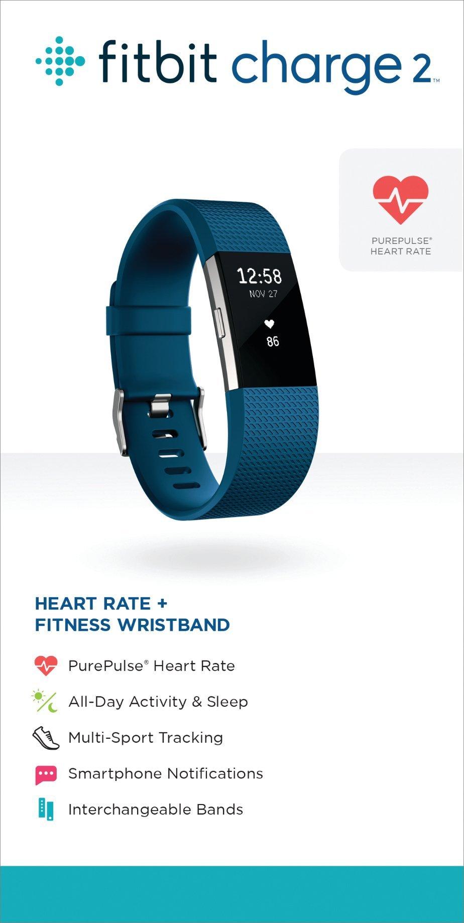 Fitbit Fitbit Charge 2 Heart Rate + Fitness Wristband, Blue, Large (6.7 - 8.1 Inch) (US Version) (Renewed)