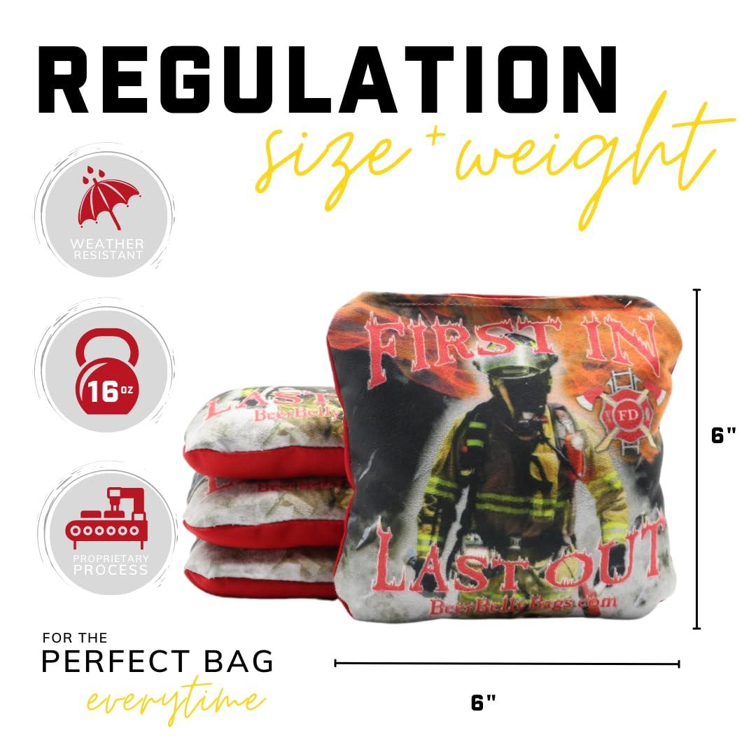 Beer Belly Bags Beer Belly Bags Pro Style Performance Cornhole Bags Tournament Regulation Resin Fill 16 Ounce - Set of 8 Includes Carrying Tote Made in USA (Fireman/Atomic Fire)