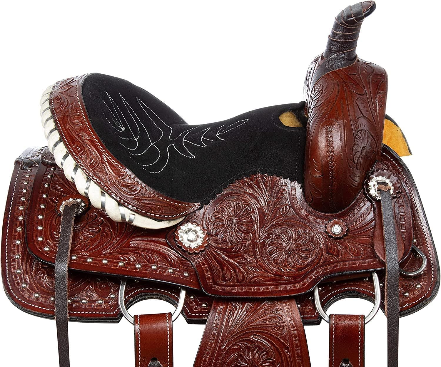 SHOWMEN CRAFT SHOWMEN CRAFT Barrel Racer Show Trail Riding Tooled Leather Western Saddle Tack Horse and Pony Size 14 Inches Seat