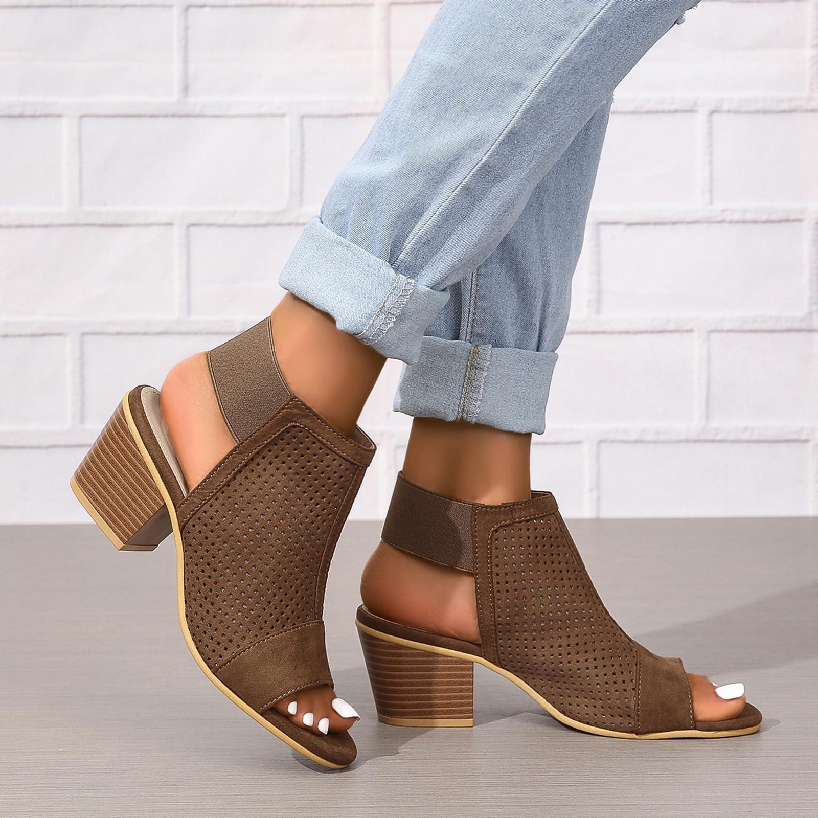 NineFit Basics Women Peep Toe Booties Open Toe Boots Cutout Ankle Strap Mid Black Chunky Heel Block Sandals