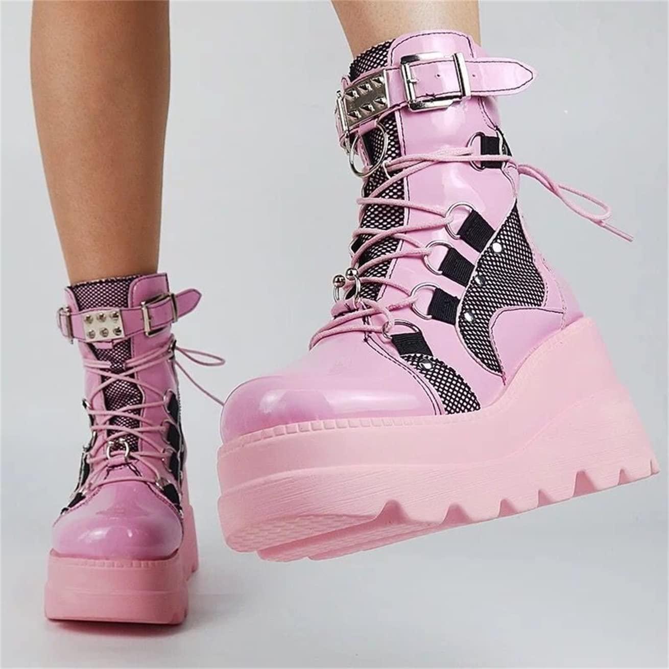 ZBYY ZBYY Women's Combat Ankle Boots Zipper Lace Up Chunky Military Platform Shoes Wedge Heel Studded Goth Mid Calf Combat Booties