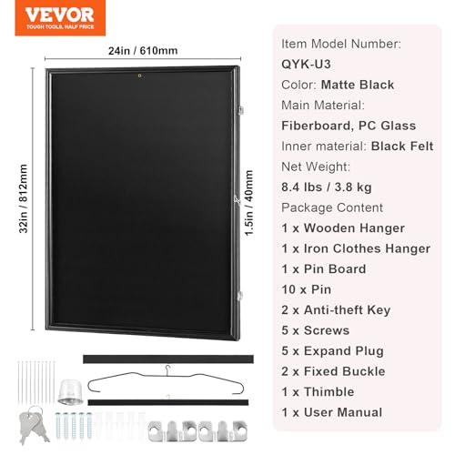 VEVOR VEVOR Jersey Display Frame Case, 24 x 32 x 1.5 in, Large Lockable Sport Jersey Shadow Box with 98% UV Protection PC Glass and Hangers, for Baseball Basketball Football Hockey Shirt and Uniform, Black
