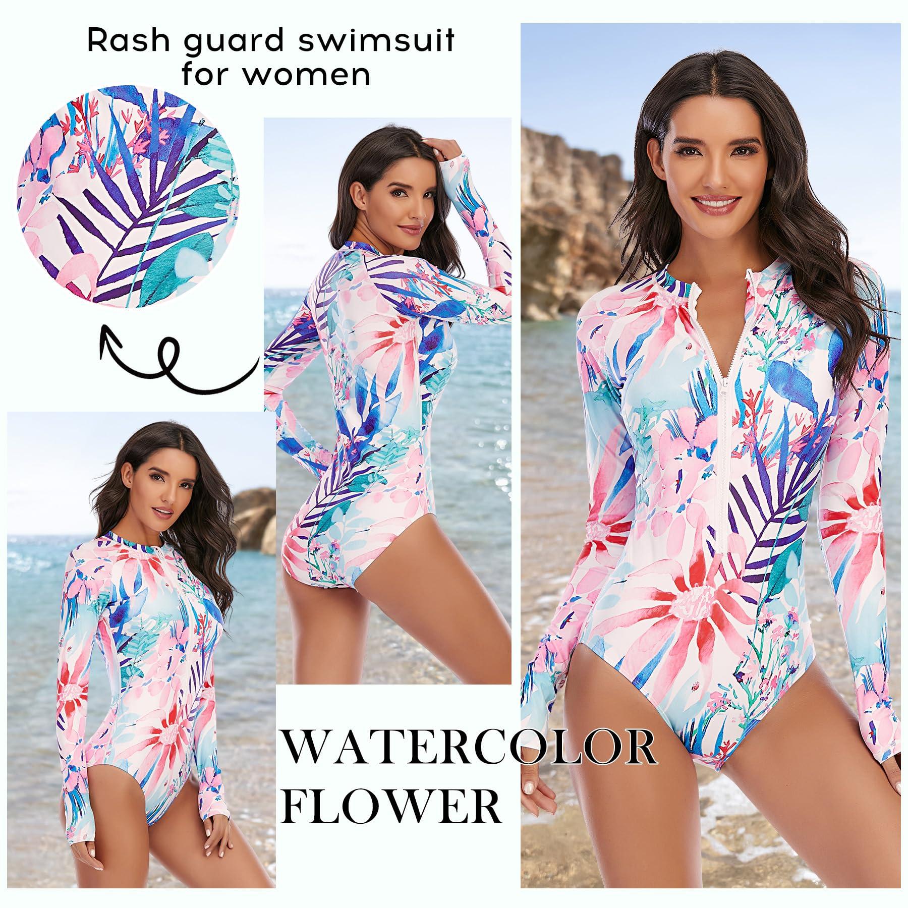 Zando Zando Women's UPF 50+ UV Protection Long Sleeve Rash Guard Swimsuit - Full Coverage Quick Dry 1 Piece with Built-in Padded Bra Zip, Swimwear for Surfing Water Sport, Watercolor Flower (Size 8-10)
