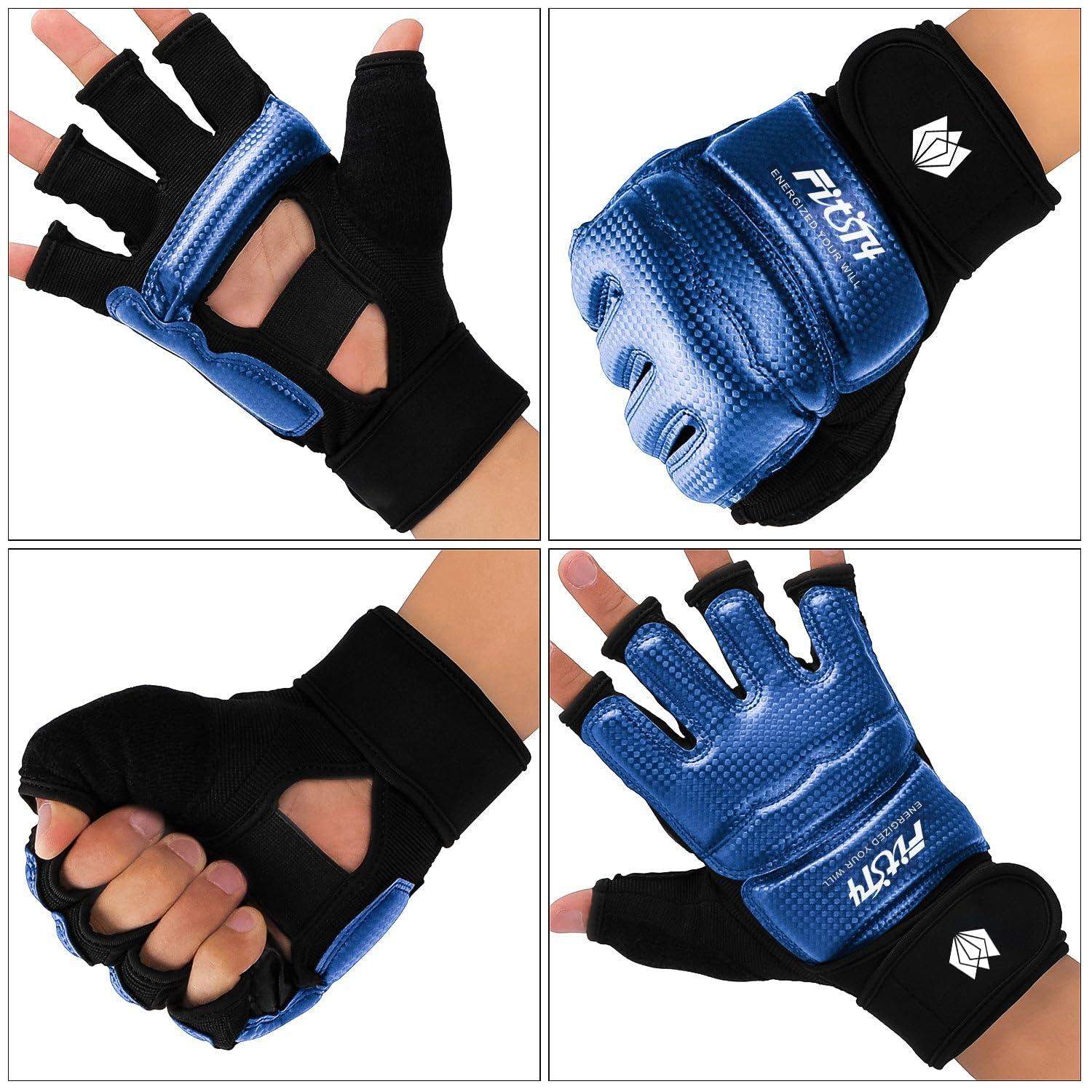 FitsT4 Sports FitsT4 Sports Half Mitts MMA UFC Training Boxing Punch Bag Kickboxing Sparring Grappling Martial Arts Muay Thai Taekwondo Wrist Wraps Support Gloves for Women Men Kids Blue L