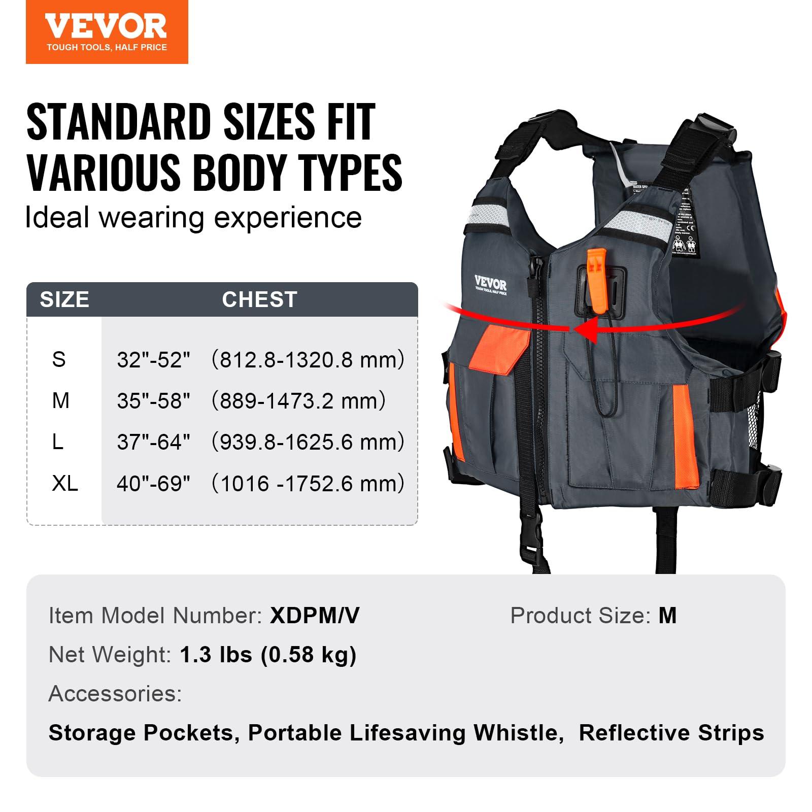 VEVOR VEVOR Life Vest for Watersports (PFD), Life Jacket with Waterproof Nylon & 85N Buoyancy, Life Vest/Jacket for Any Water Activity-Fishing, Kayaking, Surfing and More, Men and Women M