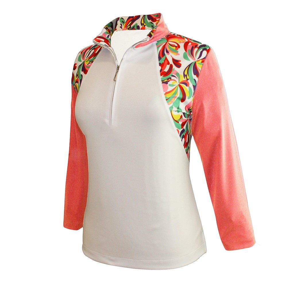 Monterey Club Monterey Club Women's Fountain Floral Print Block 3/4 Sleeve Zip Top #2347 (White/Peach Pink, Small)
